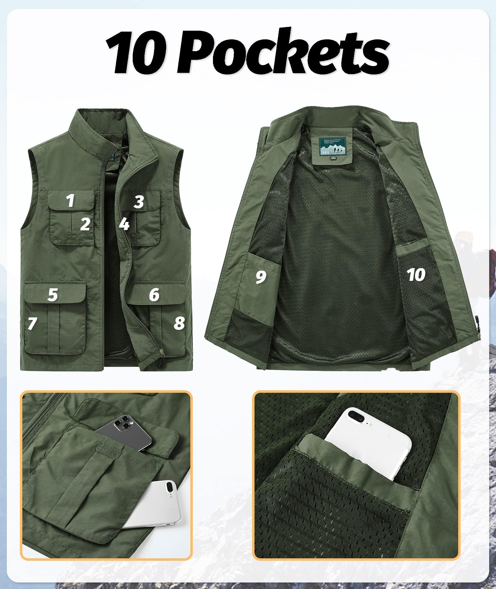 Gilet ad Asciugatura Rapida da Uomo Leggero Gilet da Pesca Estivo Gilet Sportivi da Caccia Reporter Fotografico Multitasca Giubbini da Viaggio