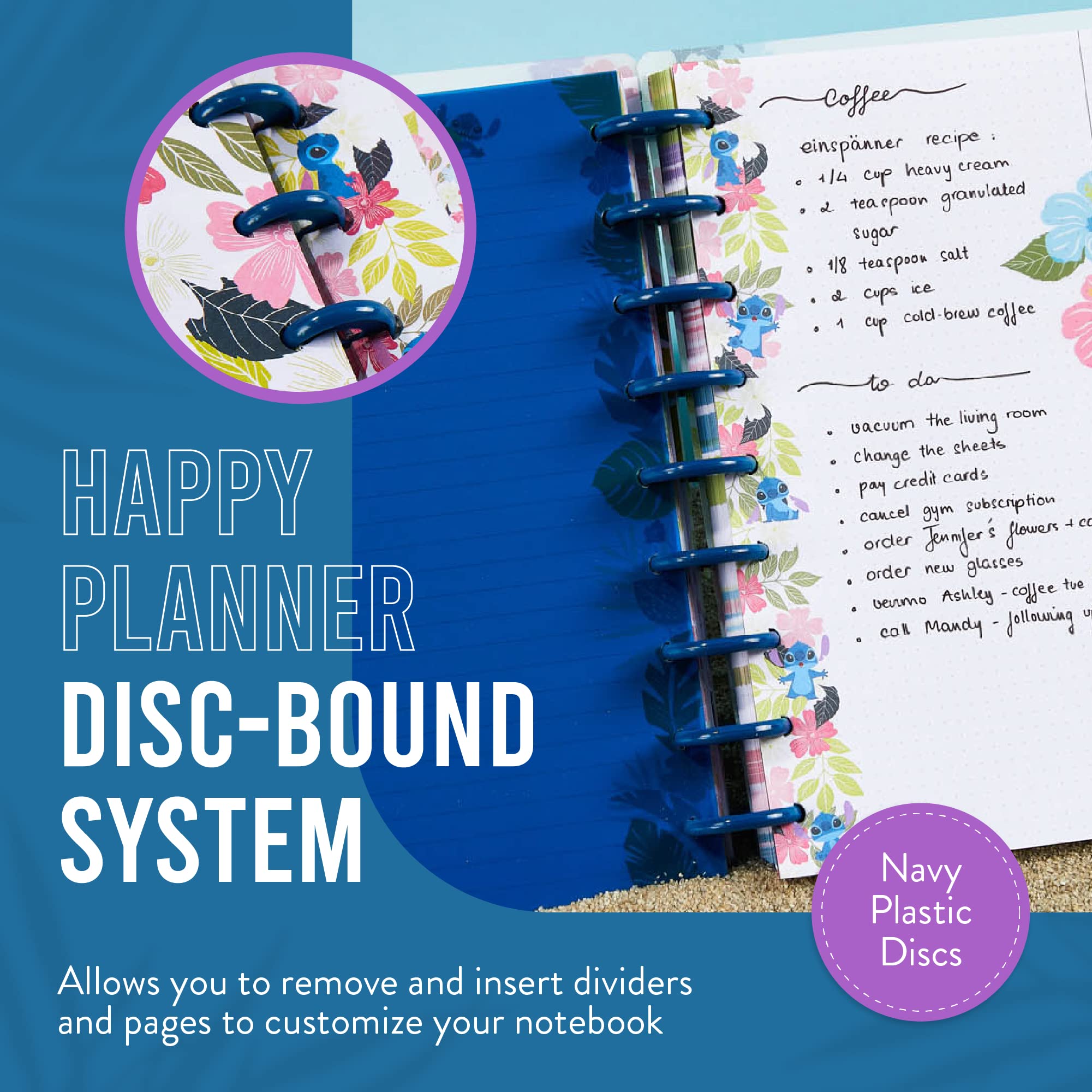 Happy Planner Disney - Taccuino giornaliero per ufficio, scuola o diario, 60 fogli di carta a righe a pois con 3 divisori - Quaderno a disco - Aloha Stitch - Taccuino di grandi dimensioni 28 x 21,6 cm