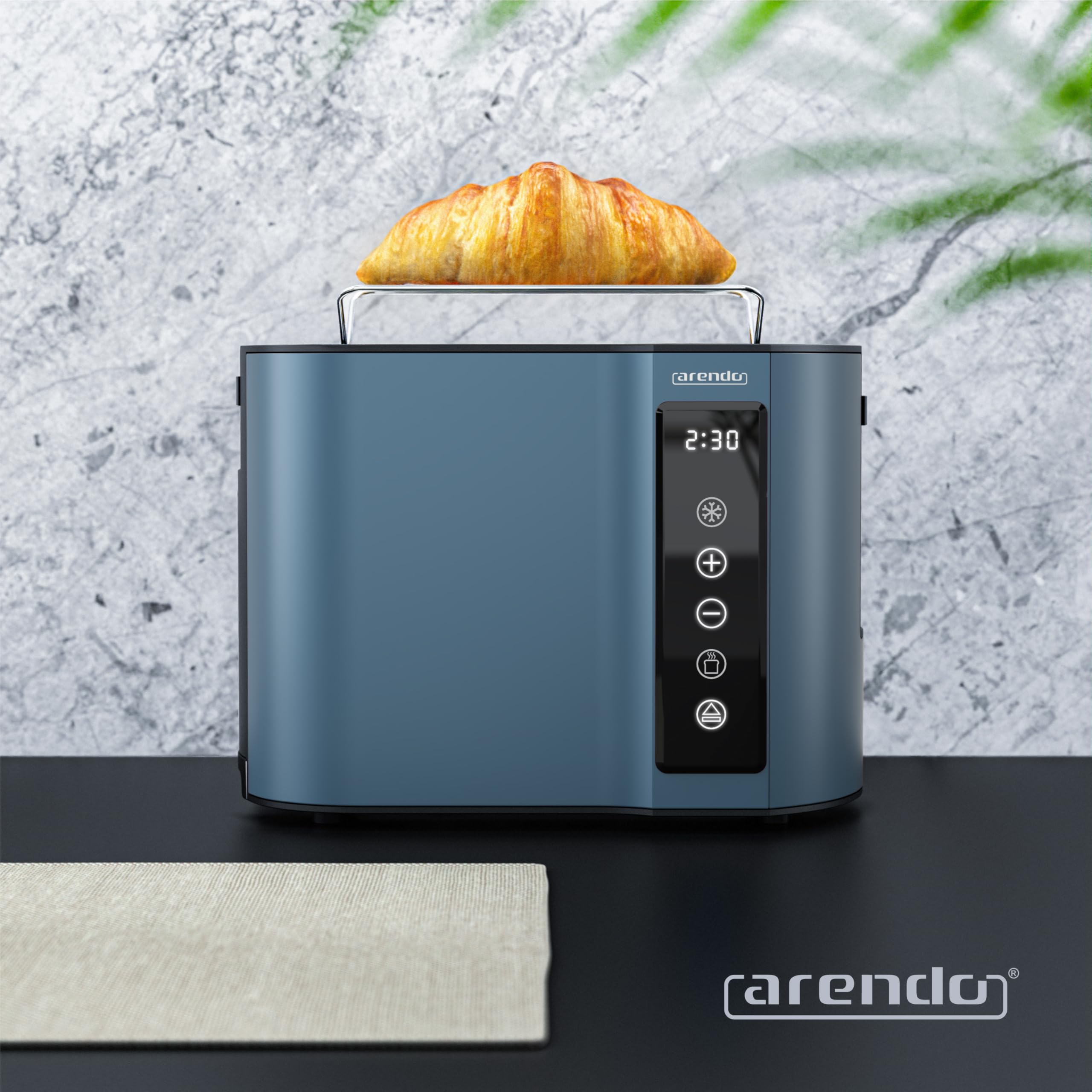Arendo - Touch Toaster 2 Scheiben Edelstahl - Touchpanel - digital Display Restzeitanzeige - 800 W – Doppelwandgehäuse – mit Brötchenaufsatz – 7 Bräunungsgrade – Brotscheibenzentrierung - Blau