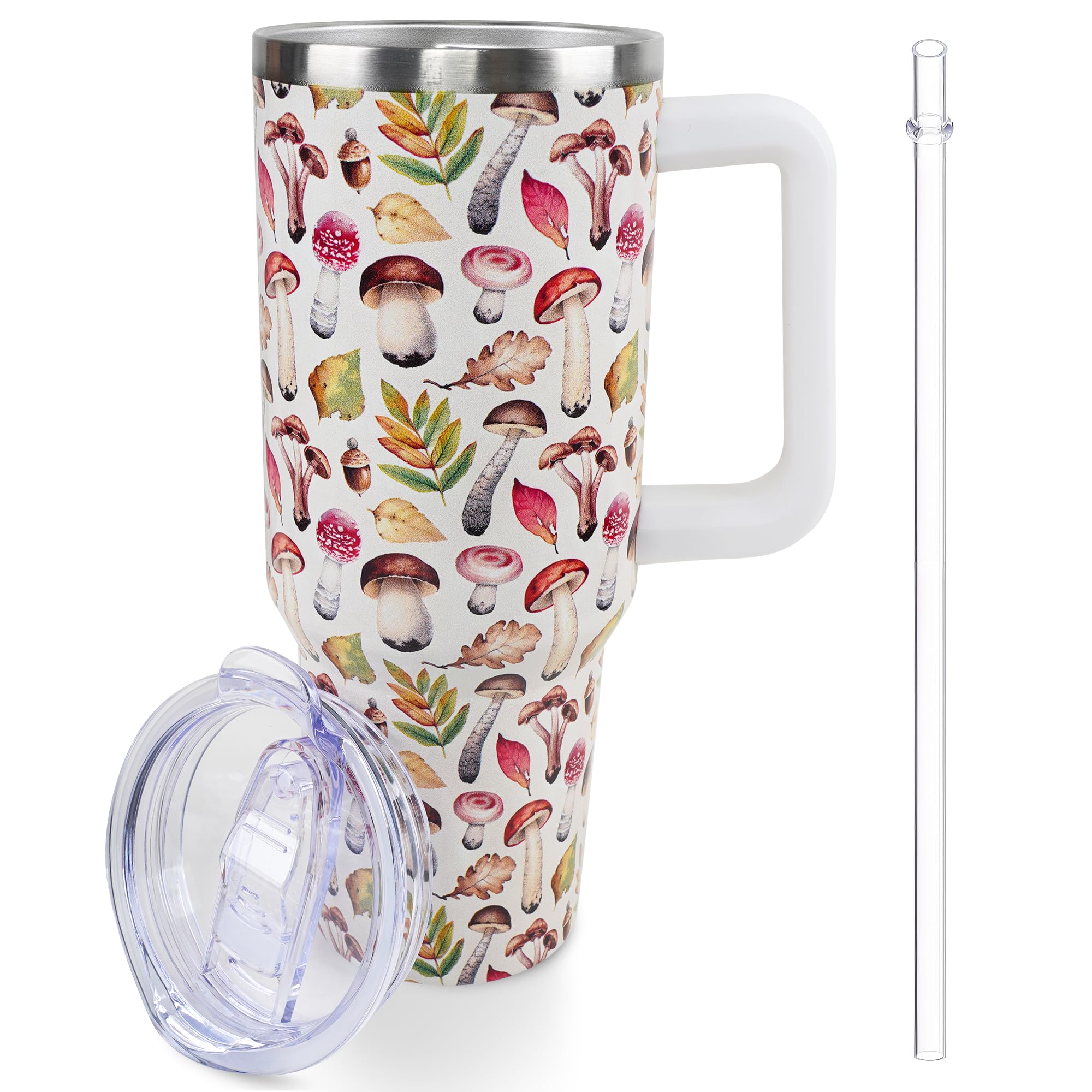 Lumumanber40 oz Mushroom Tumbler with Handle and Straw, Travel Mug Water Bottle, Stainless Steel Insulated Cup with Lid and Straw, Birthday Christmas Gifts