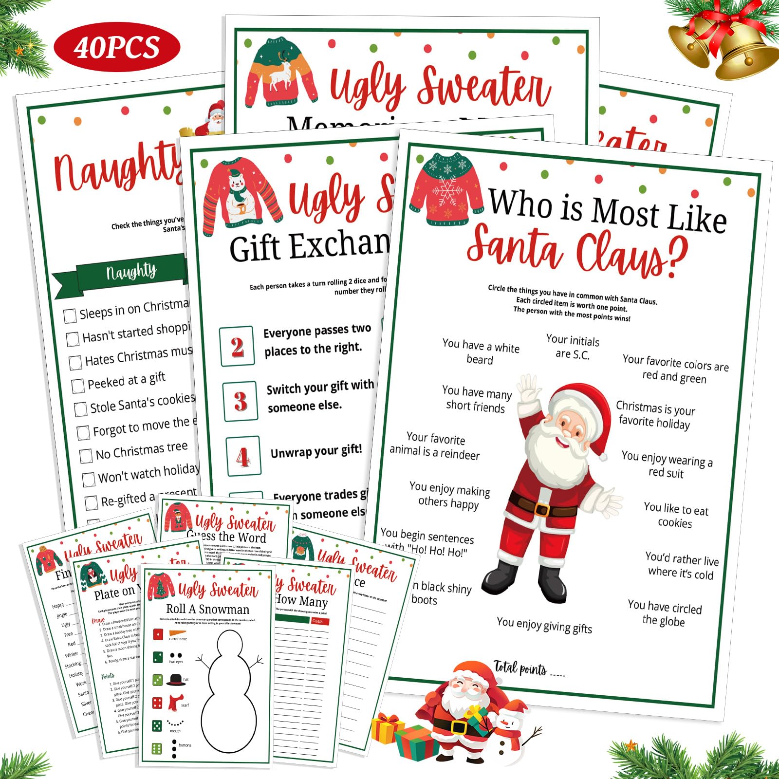 Motionchic 40 Pcs Christmas Party Games for Adults, Ugly Sweater Bingo Paper Cards Christmas Bingo Party Games for Families, Adults, Holiday Activities and Group Entertainment