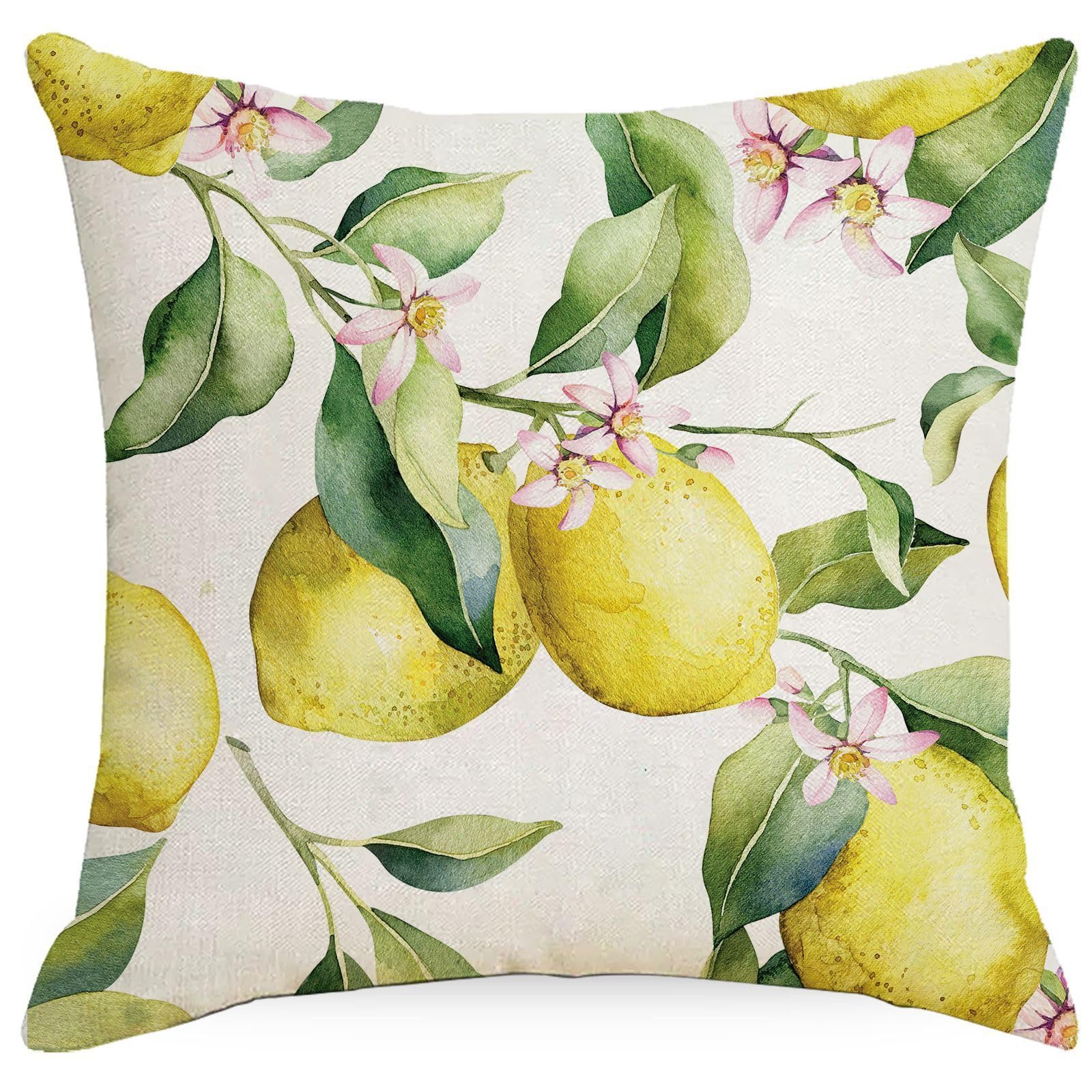 Cushion Covers 40cm x 40cm Lemon Yellow Flower Decorative Pillows Linen Square Sofa Bed Cushions with Invisible Zipper Throw Pillow for Living Room Outdoor Pillowcases