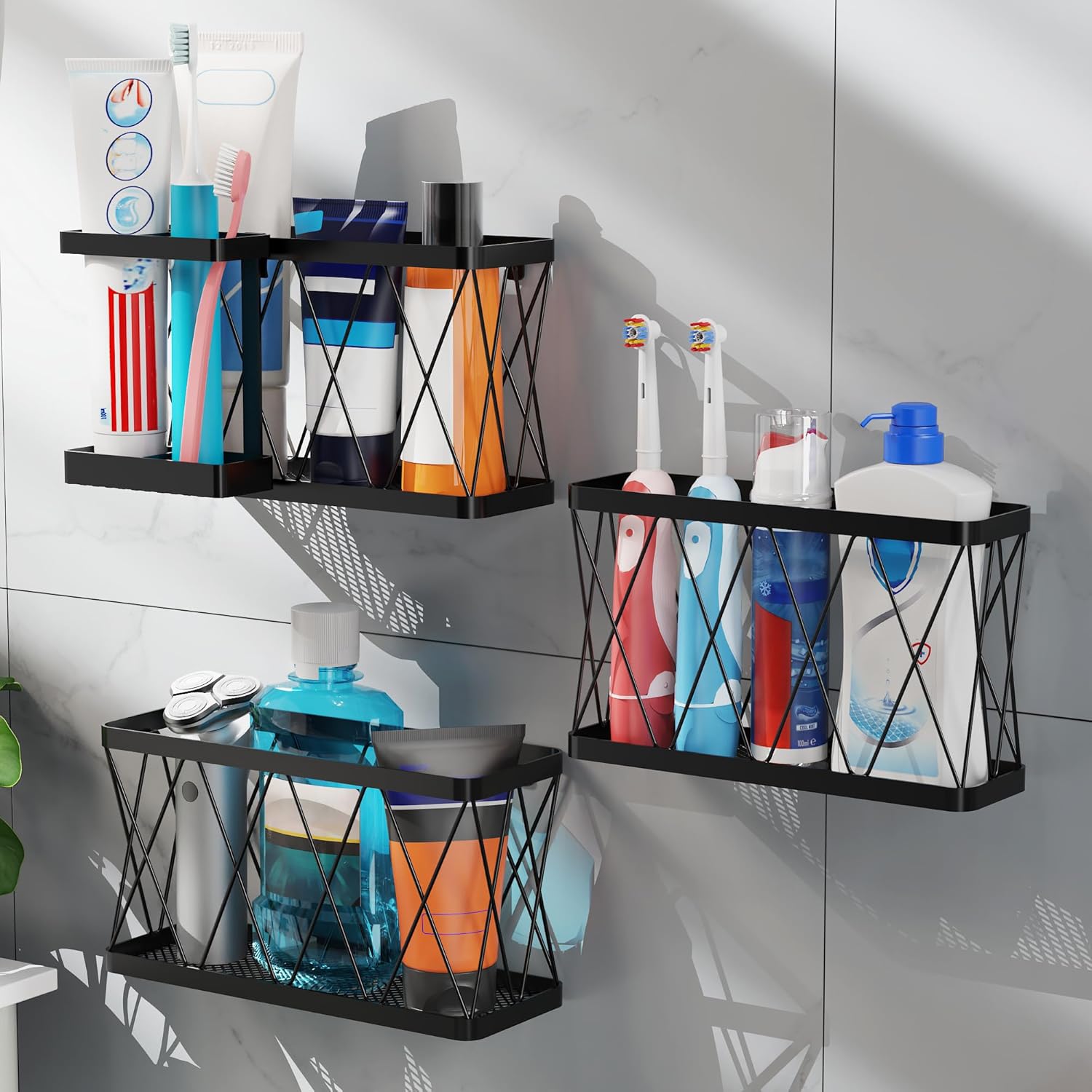 YIGII 3 Pack Toothbrush Holders for Bathroom Adhesive Electric Toothbrush Organizer Wall Mounted with Razor Holder Large Capacity