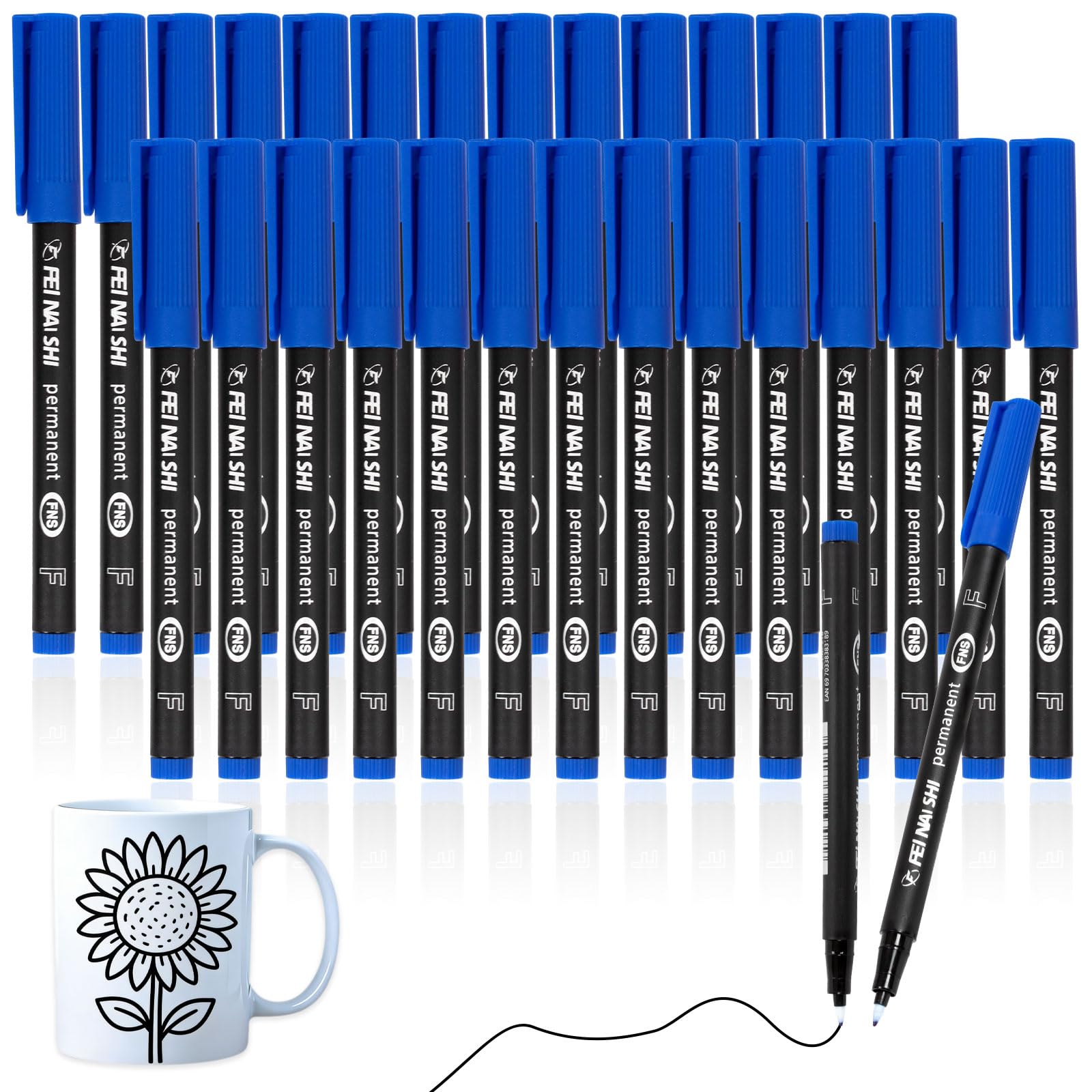 Kunoli 30 Pcs Blue Permanent Marker Pens, 0.6 mm Fine Tip, Quick Dry Waterproof Fine Point Markers for Plastic, Glass, Metal, Wood, Paper, Labelling, Office and School Use (Blue)