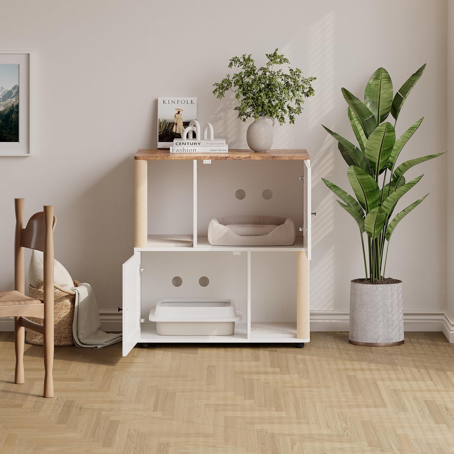 Double Litter Box Enclosure for 2 Cats, 2 Tier Litter Box Enclosure Furniture with Scratching Post and Dual Mats,Wood Cat Kitty House Cabinet,Modern Style