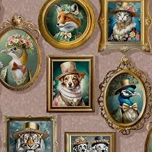 SOPHIE LAURENCE Pink Animal Wallpaper   Victorian-Style Portraits with Cats, Birds and Floral Leaf Patterns | Feature Wall D cor