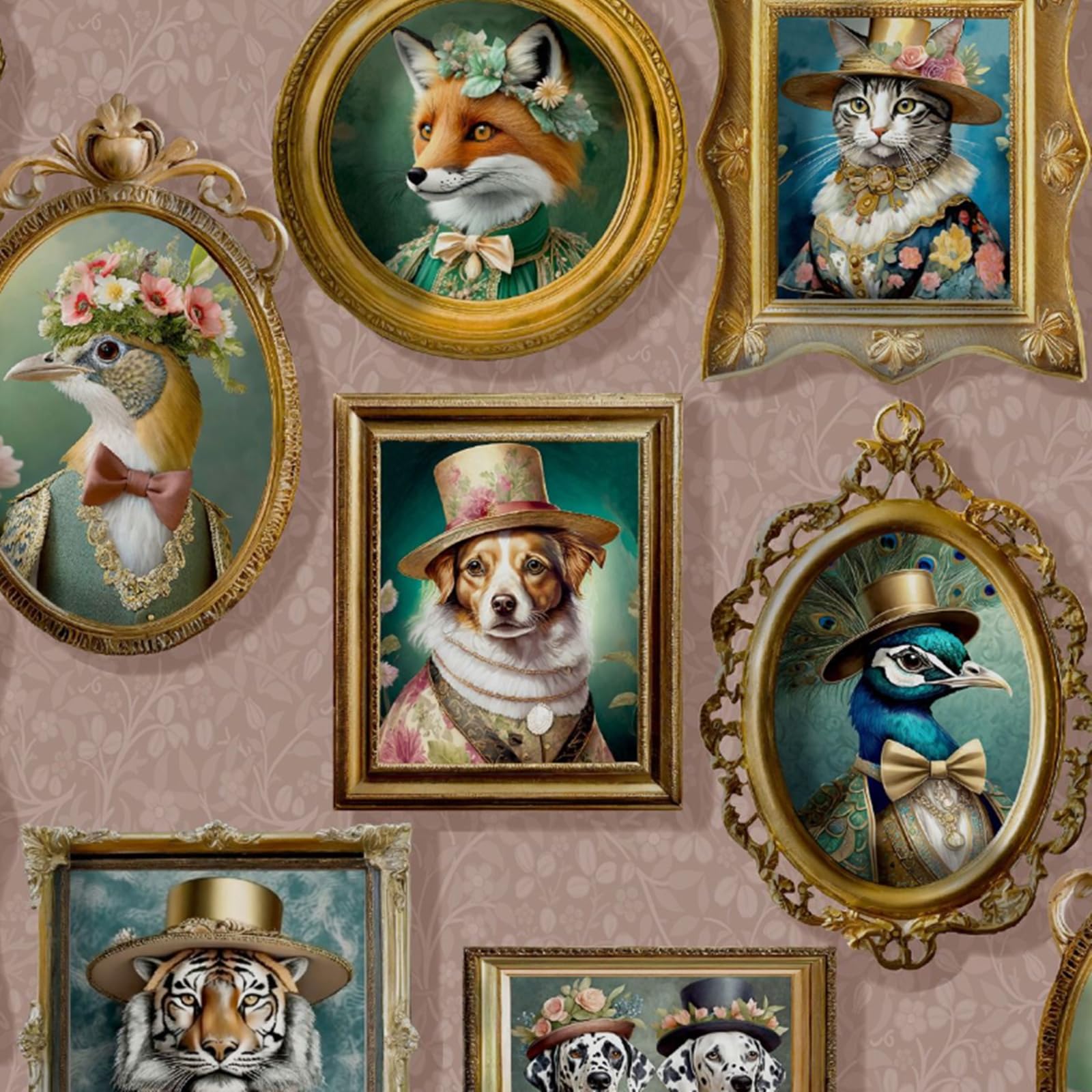 SOPHIE LAURENCE Pink Animal Wallpaper – Victorian-Style Portraits with Cats, Birds and Floral Leaf Patterns | Feature Wall Décor