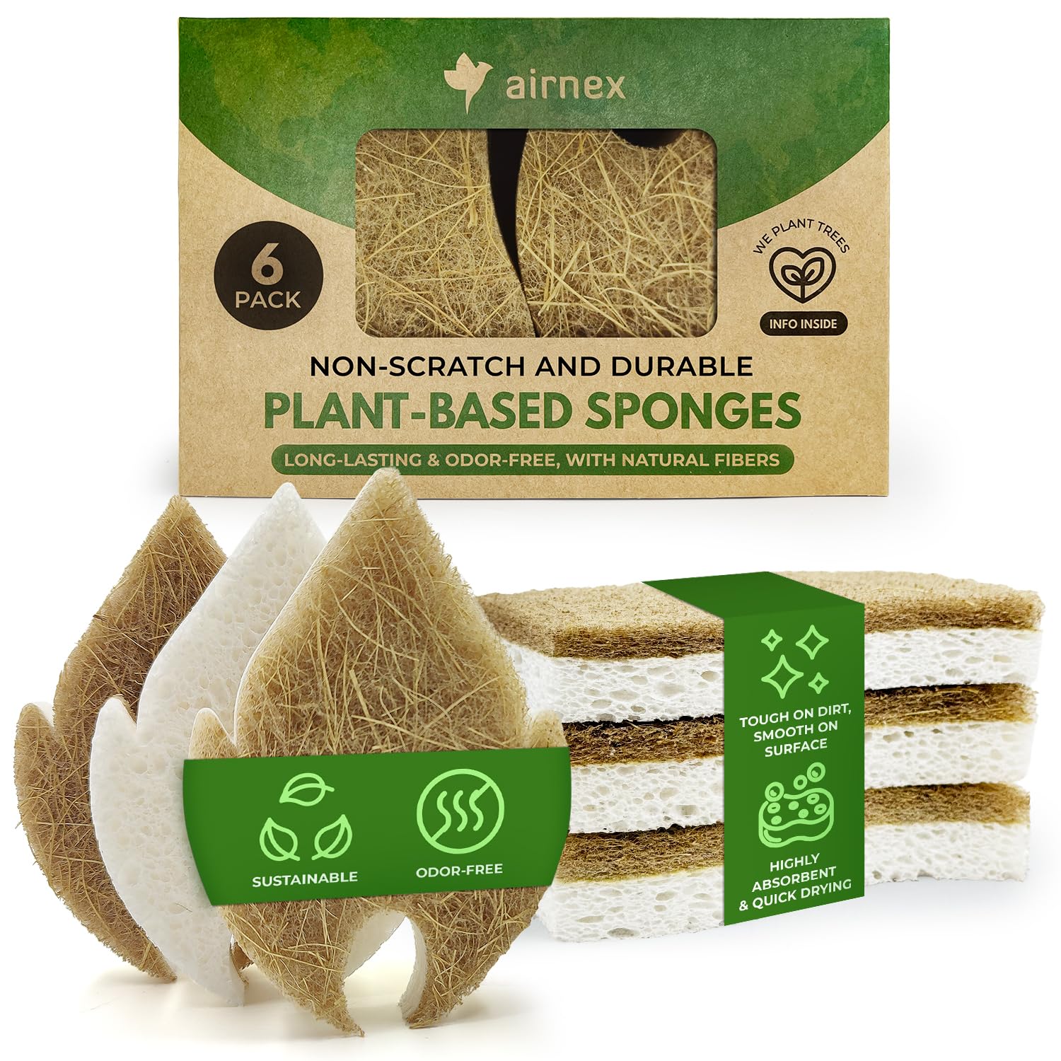 Airnex White Cellulose + Coconut Husk Biodegradable Natural Kitchen Sponge - Compostable Cellulose And Coconut Walnut Scrubber Sponge - Pack Of 6 Eco Friendly Sponges For Dishes