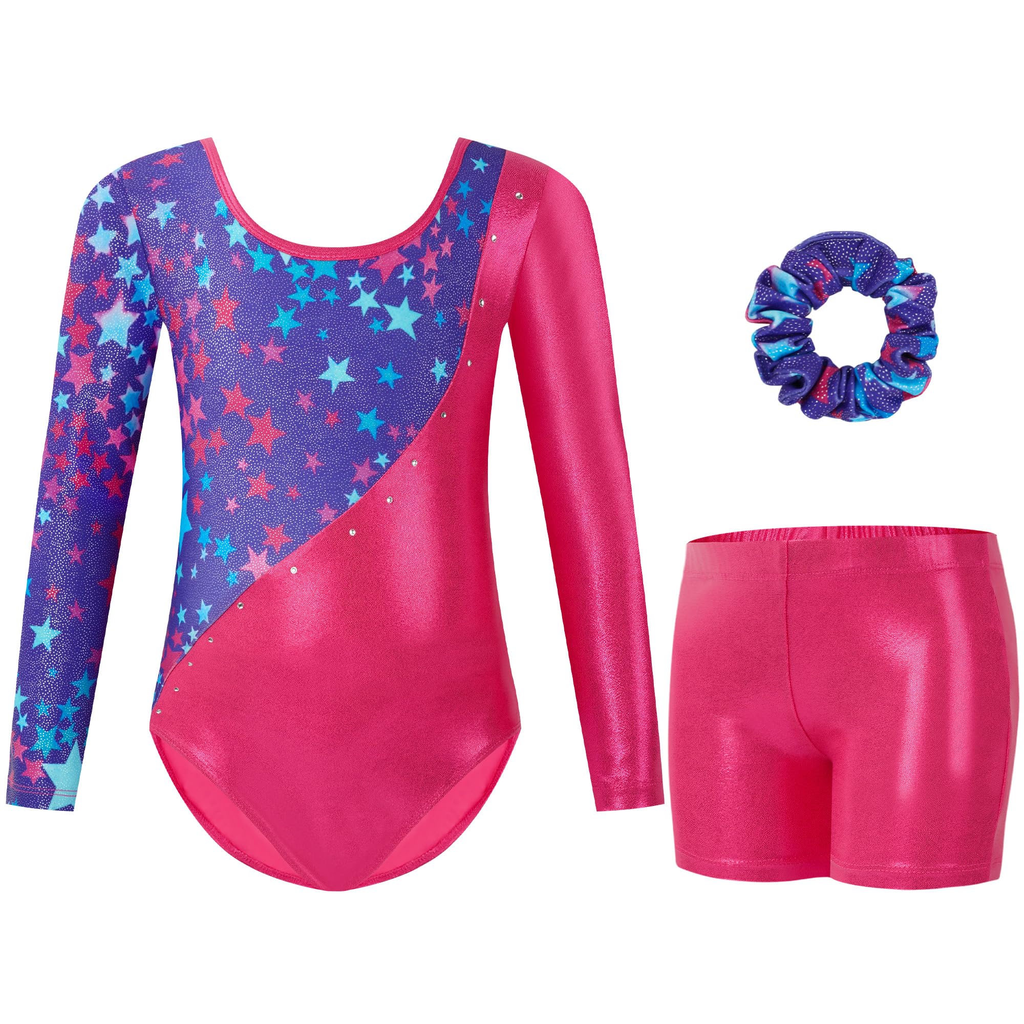 Gogokids Maillot de gimnasia de tres piezas para niña, de manga larga, con pantalones cortos y cinta para el pelo, ropa de gimnasia con diseño degradado para 3-12 años — view 28