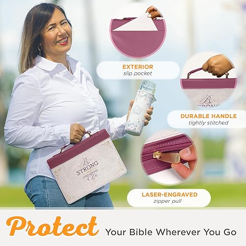 Miniatura 5 de Christian Art Gifts Funda para Biblia de moda rosa ciruela para mujer Be Strong & Courageous - Joshua 19 Escritura inspiradora, funda de cuero