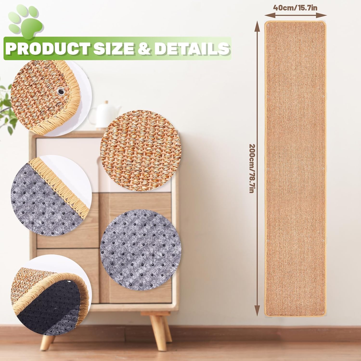 Natural Sisal Cat Scratching Mats 1 Pack, Cat Scratch Furniture Protector,Wall Mounted Wall Climbing Carpet, Non-Slip Horizontal Cat Scratcher Rugs Carpets Mats, 78.7" Lx15.7 W, Wheat-Colored
