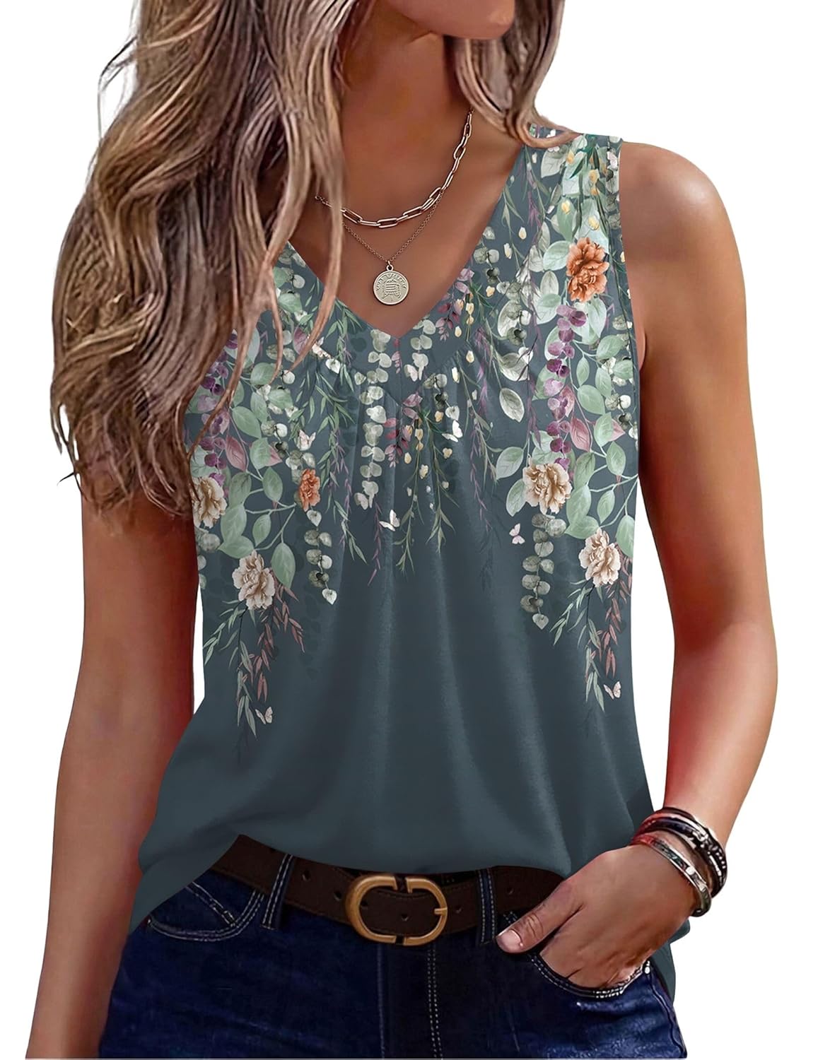 Zeagoo Womens Tank Tops Summer Sleeveless Loose Fit Tops V Neck Pleated Shirts Basic Tees Dressy Casual Trendy