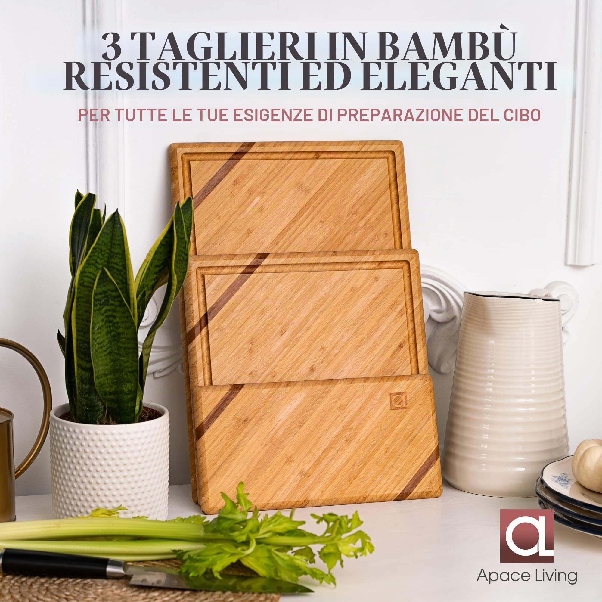 Tagliere da Cucina Chorus in Legno di Bambù con Scanalatura Raccogli Liquidi (Set da 3) – Lussuosi Taglieri da Cucina in Legno Naturale per Affettare Carne (Battilardo) (Premium Chic Bamboo)