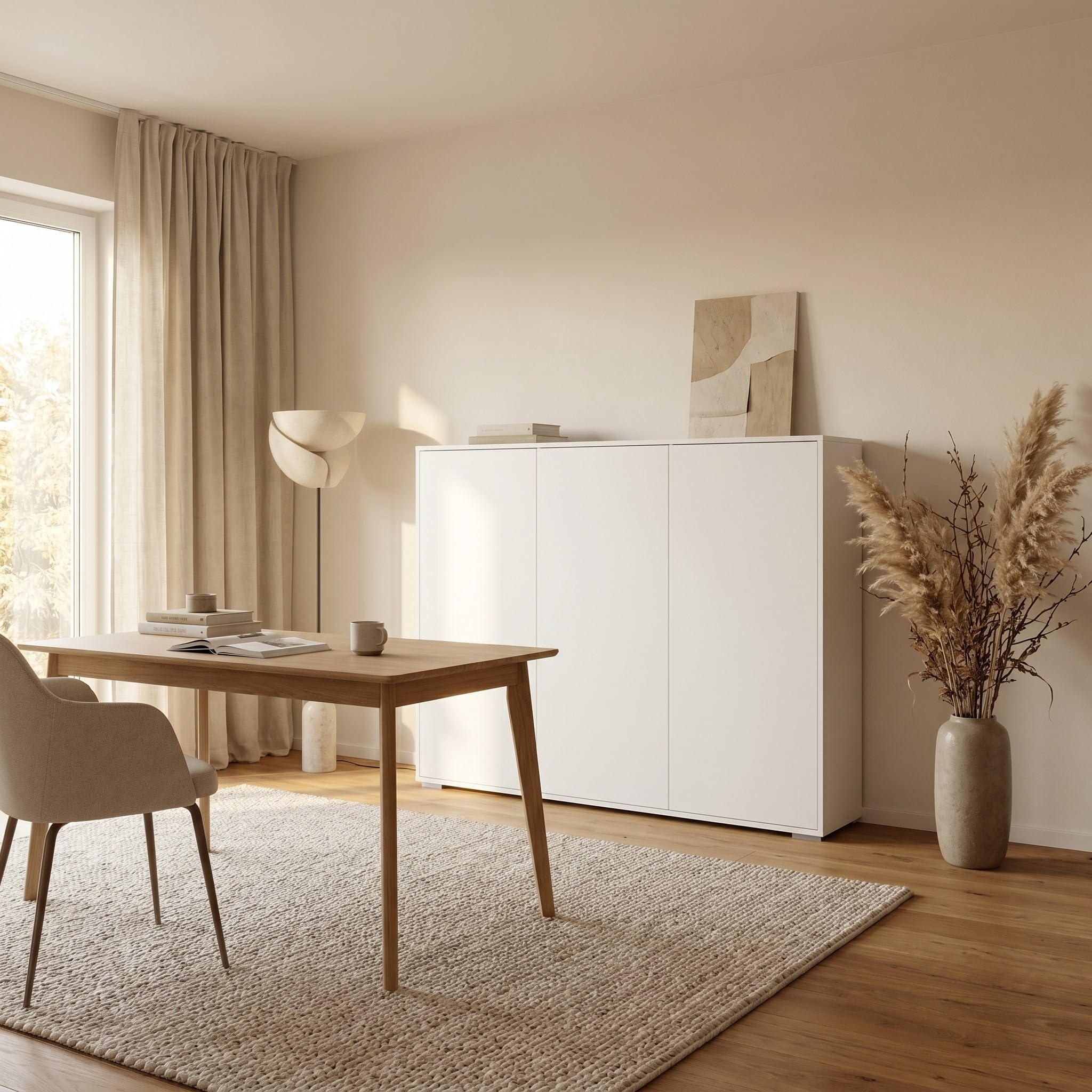 Highboard Elena M2, Aktenschrank mit Push-to-Open, Made in Germany, Moderner Schrank für Wohnzimmer Büro Weiß matt (152,5 x 118 x 37 cm)