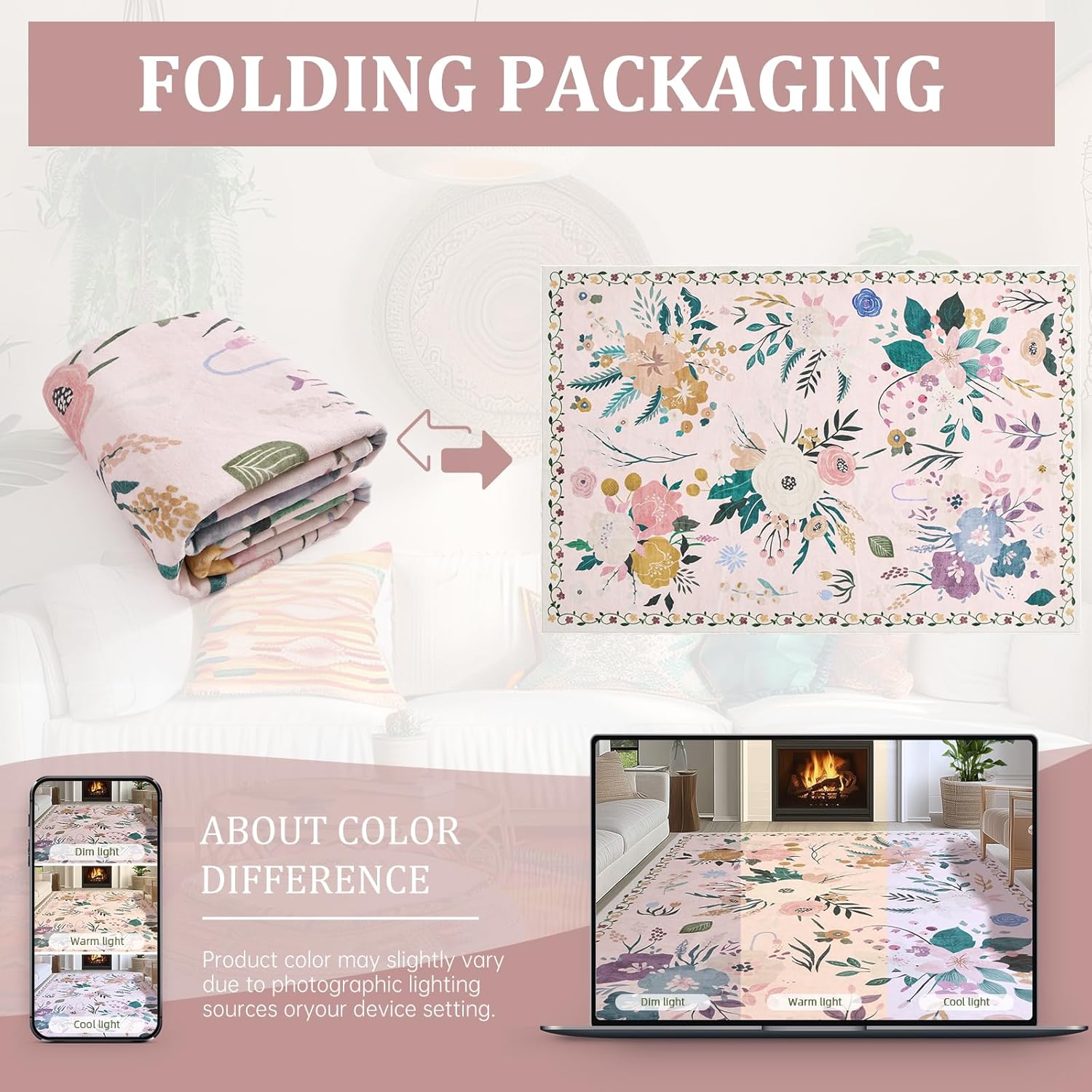 Rugs for Bedroom 5x7 Pink Boho Floral Washable Soft Area Rug for Living Room Dining Room Office Carpet