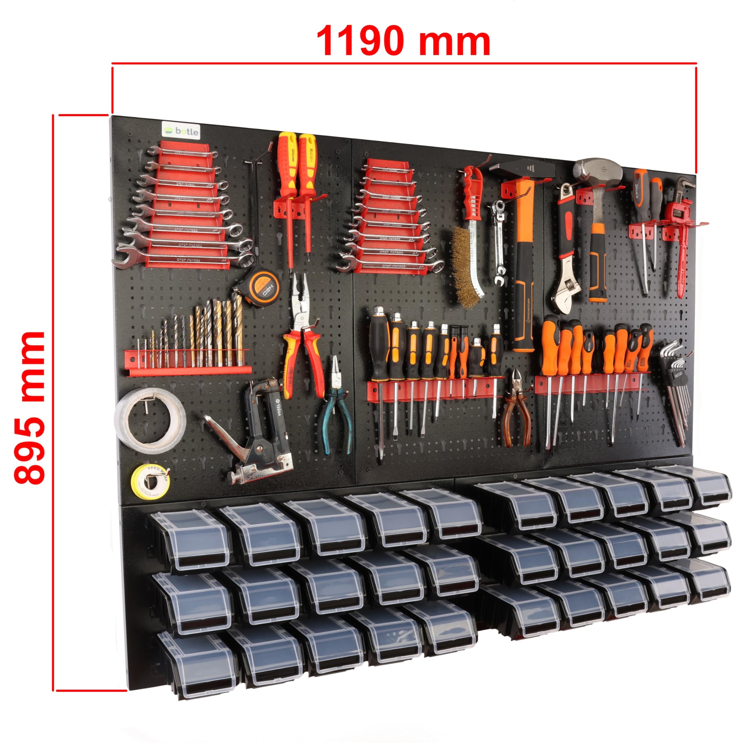botle® Werkzeugwand Lochwand aus Metall, Stapelboxen + Wandregal + Werkzeughalter 47-TLG Set, Kleinteilelager, Wandwerkstatt mit 20 stapelbaren Behältern, Hängeregal Sortierregal
