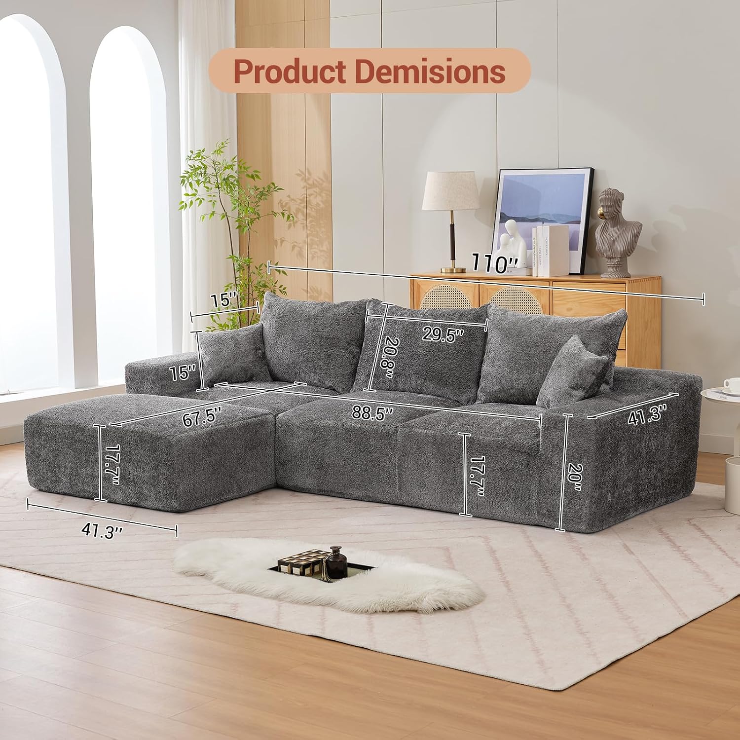 GarveeHome 110 in Modular Sectional Sofa, L-Shaped Sofa with Deep Seats, Modern Convertible Chenille Couch with Ottomans, Washable Cloud Sofa for Living Room, Bedroom, No Assembly Required