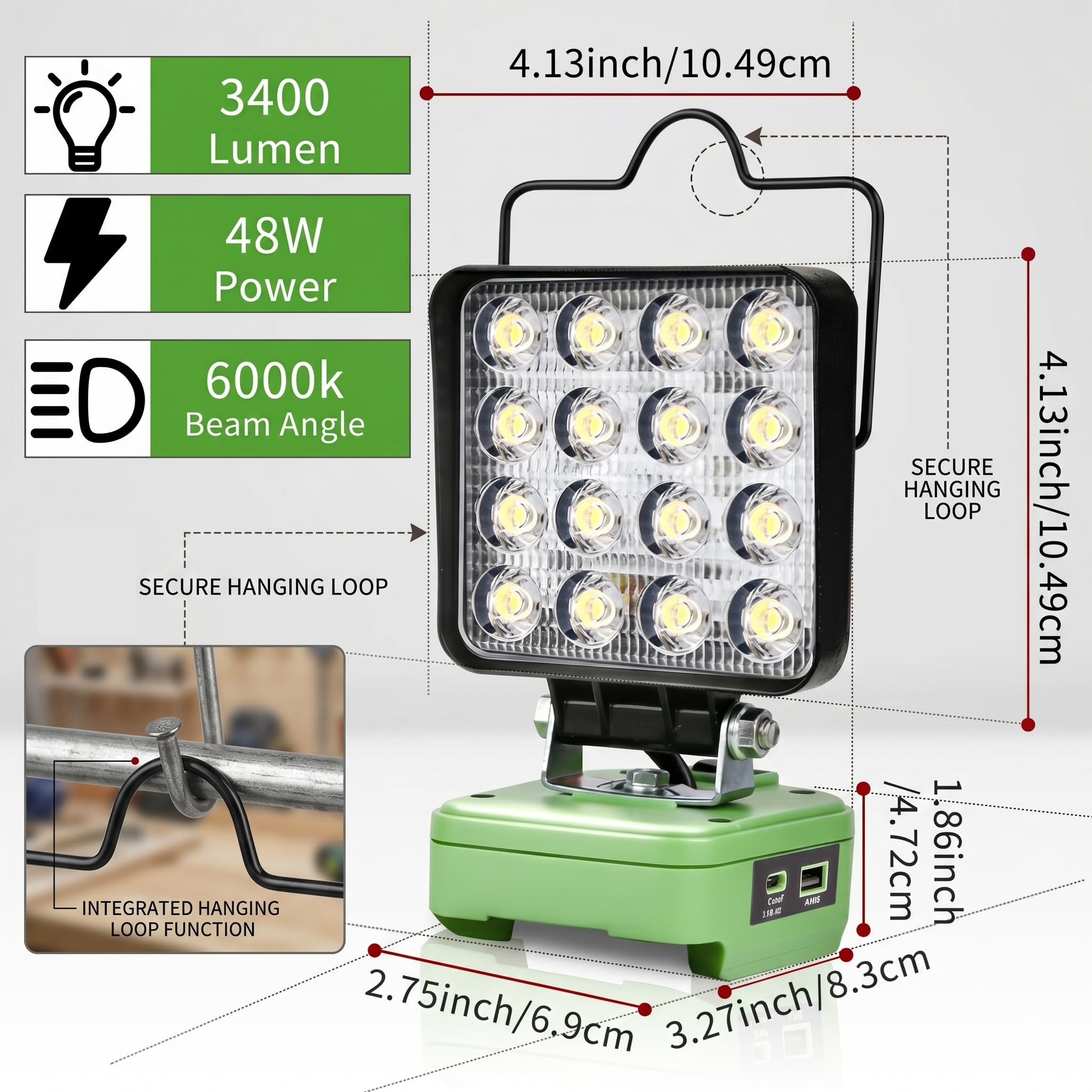 Lámpara de trabajo para Ryobi 40 V, 48 W, 6800 lm, luz de inundación inalámbrica portátil con USB y conector de carga rápida tipo C para herramientas Ryobi, foco LED para camping, pesca, taller (no