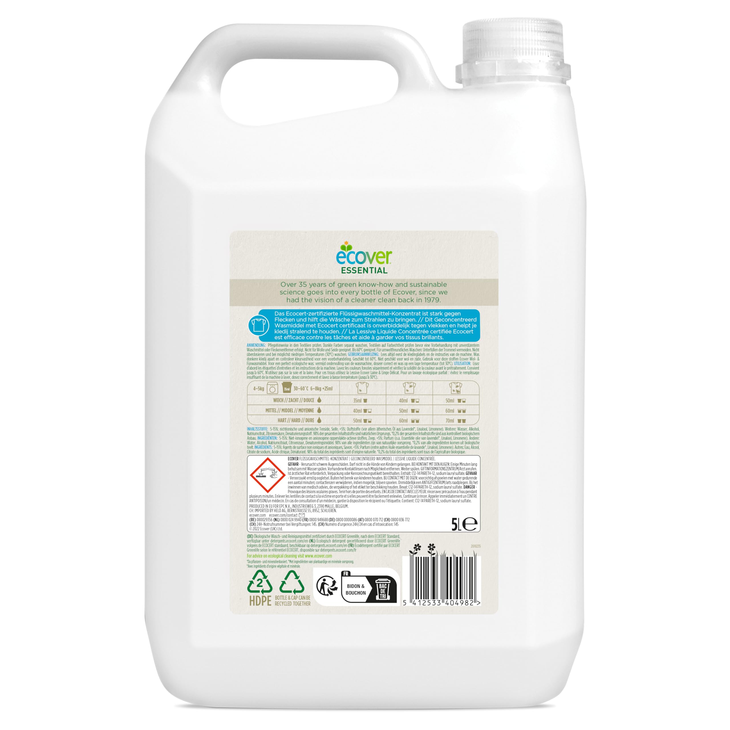 Ecover Detergente Líquido, Limpiador natural para la ropa, Detergente líquido ecológico para la ropa, perfume lavanda, 100 lavados, botella de 5 litros