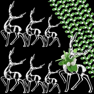 6 Pieces Acrylic Christmas Reindeer Mistletoe Ornaments Holiday Clear Deer Figurine with 6.6 Feet Green Mistletoe Transparent Reindeer Decorations for Xmas Table Top Centerpiece Party Decoration Gift