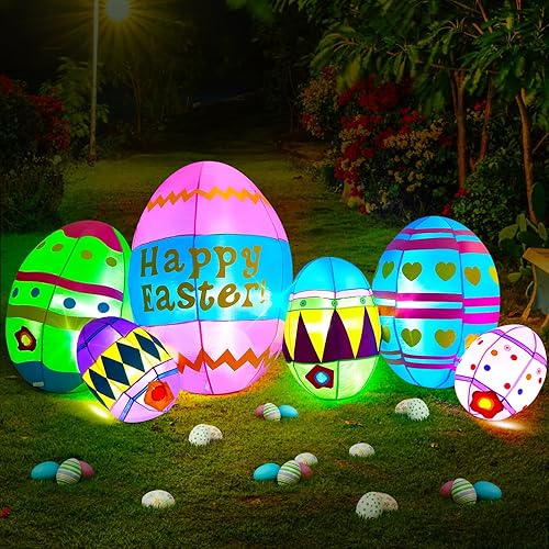 Simgoing Huevos inflables de Pascua de 8 pies de largo, decoración de patio al aire libre, luces LED integradas, seis huevos de Pascua para