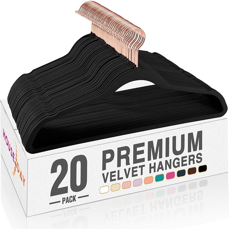 HOUSE DAY Velvet Hangers 20 Pack, Premium Clothes Hangers Non-Slip Felt Hangers, Sturdy Black Hangers Heavy Duty Coat Hangers, Durable Suit Hangers, Space Saving 360° Rotating Rose Gold Hook | Sturdy Heavy Duty Coat, Durable Hangers for Suits, Space Saving with No Hanger Mark, 360° Swivel Rotating Rose Gold Hook
