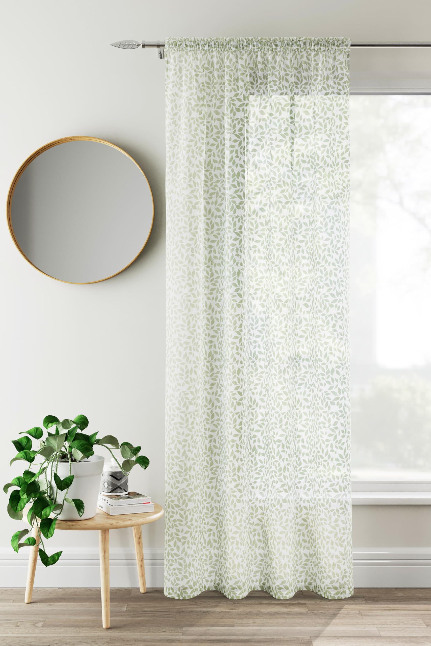 Maple Textiles Linen Look Textured Trailing Willow Leaf Voile Curtain Panel Slot Top Heading on a White Background (Sage Green, 72" (183cm) Drop)