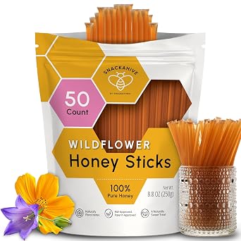 Snackathon Honey Sticks, Wildflower Blossom Pure Honey, 50 Count Bulk, Made in USA Honey Straws for Tea, Coffee & On-the-Go Snacks, Single Serve 1 Teaspoon per Stick