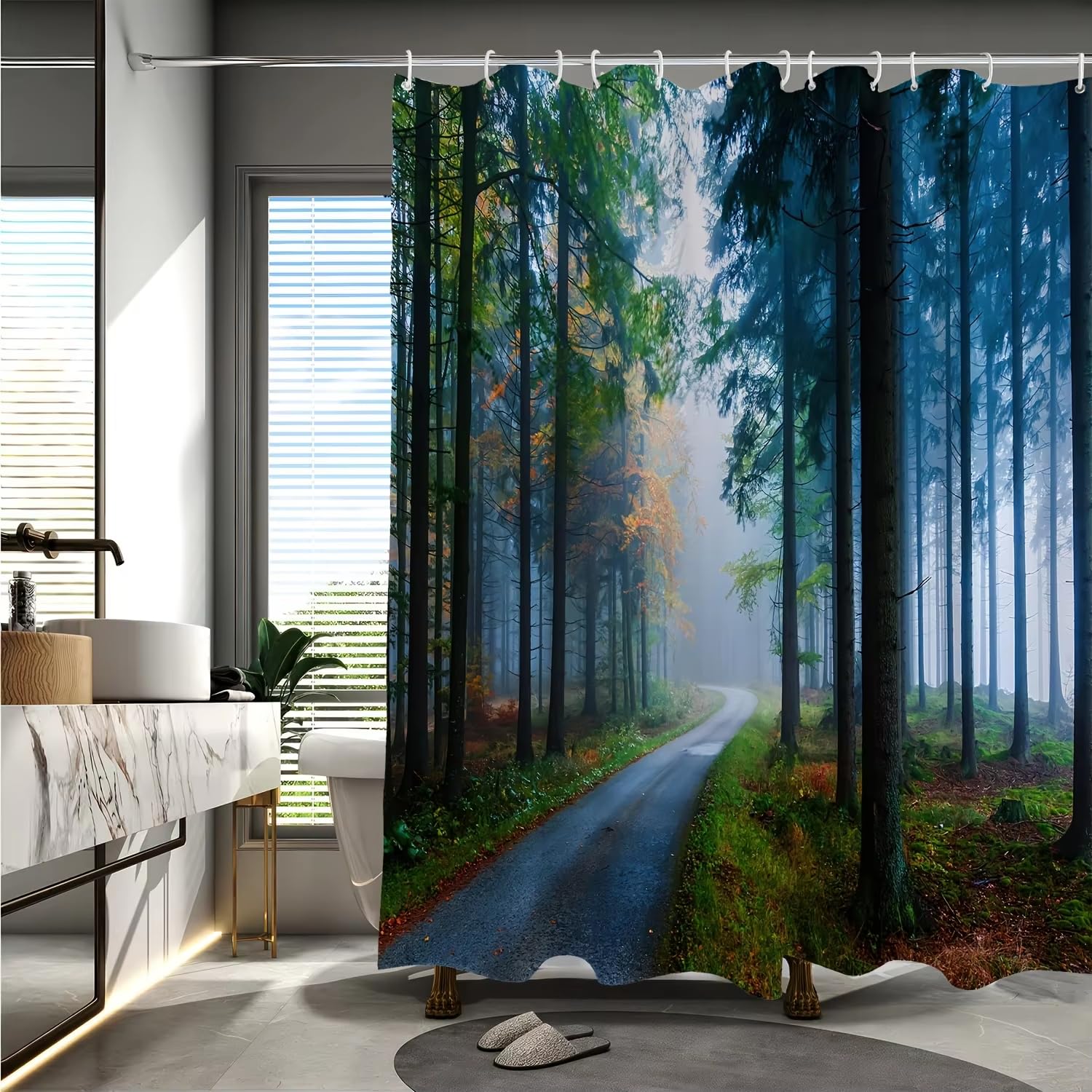 Tenda da doccia con stampa digitale e motivo ad albero e paesaggio forestale, tenda da doccia per bagno e stanza umida (200x245 cm/antimuffa)