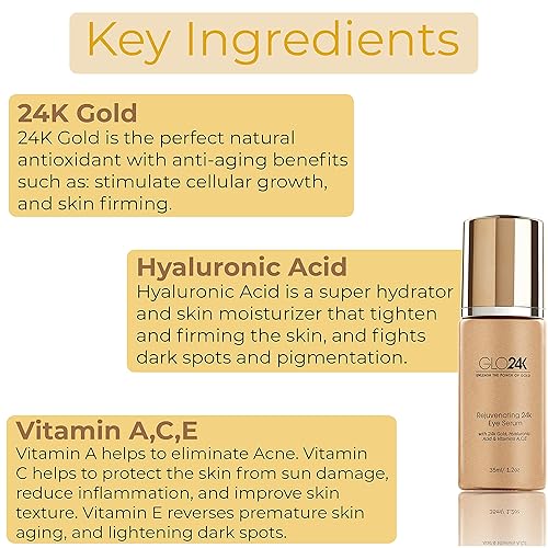 Miniatura 6 de GLO24K Crema de ojos y suero rejuvenecedor de 24 quilates con oro de 24 quilates, ácido hialurónico, vitaminas A, C, E