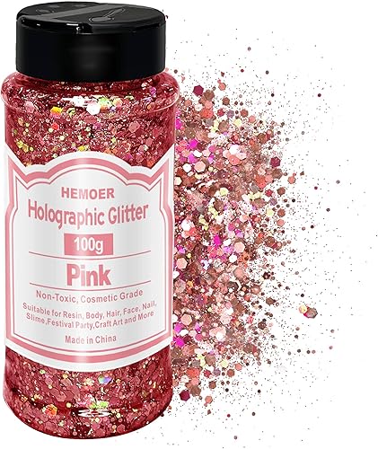 HEMOER Brillantina holográfica de 3.53 onzas, hexágono mixto cosmético, lentejuelas gruesas y finas de resina para vidrio epoxi, arte de resina,