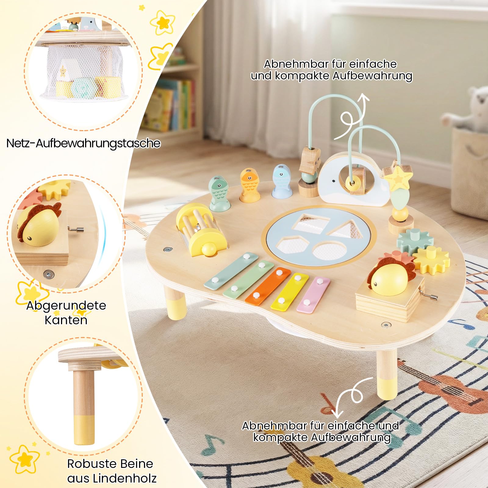 COSTWAY Aktivitätstisch Holz, Baby Montessori Spieltisch mit Motorikschleifen, Angelspiel, Xylophon, Spieluhr, Formensortierer, Motoriktisch Lernspielzeug für Kinder ab 1 Jahr