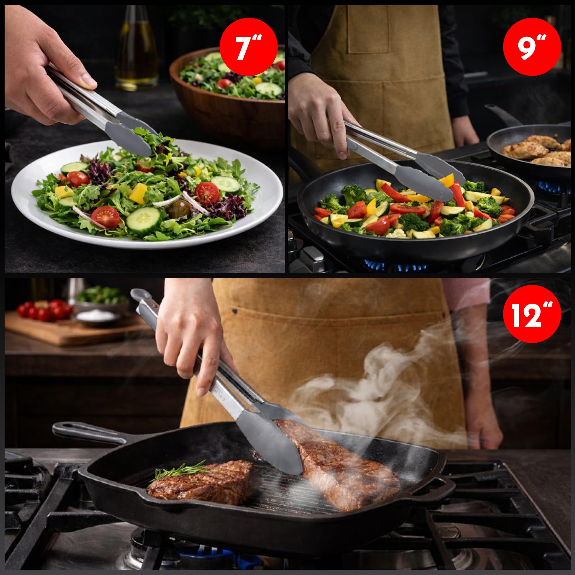 Pinzas De Cocina De Silicona Gris - Juego De 3 Pinzas De Bloqueo De Cocina- 18, 23, 30,5 CM - Para Parrilla De Barbacoa, Carne De Ensalada De Verduras | Acero Inoxidable Con Puntas De Silicona