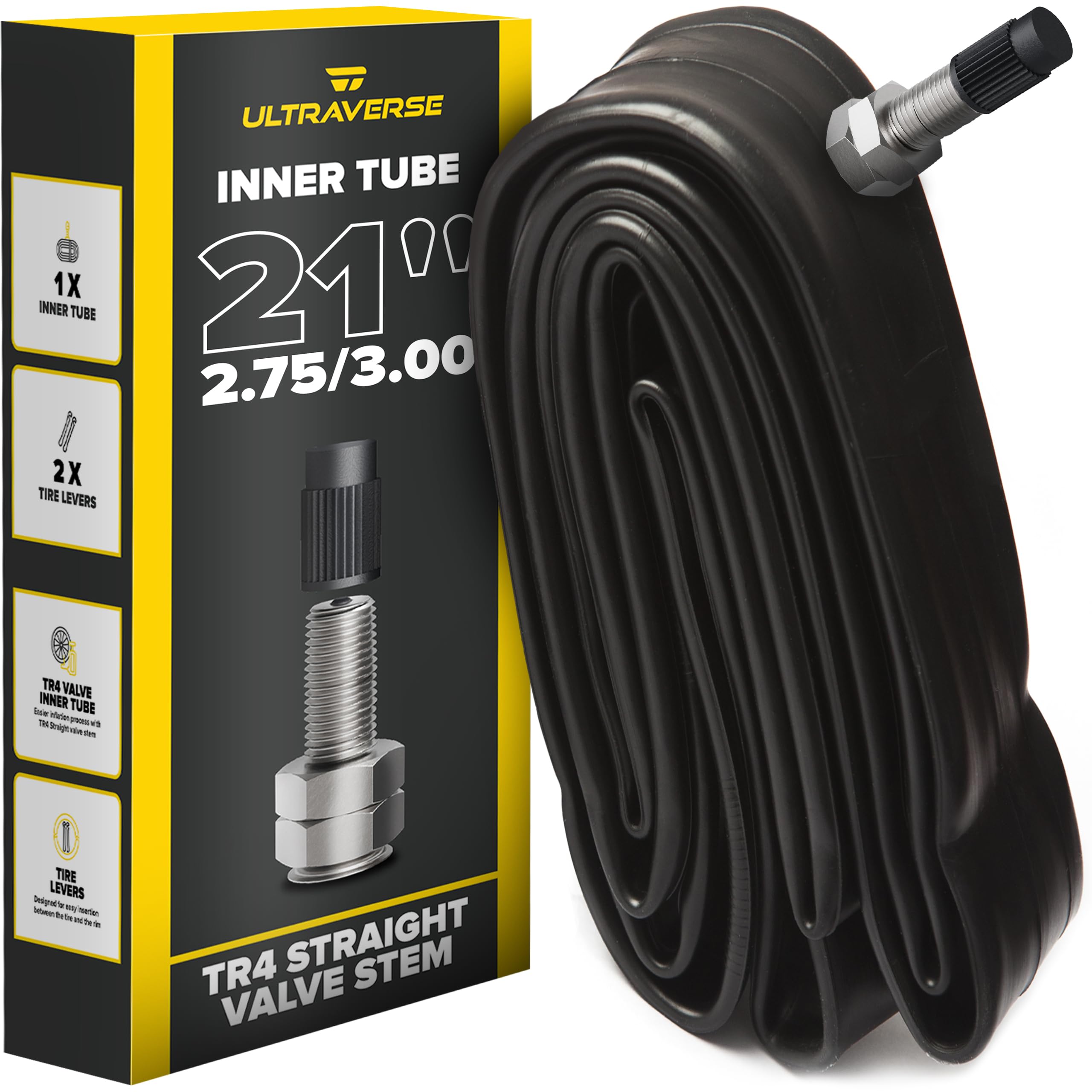 Ultraverse 21 inch x 2.75-3.00 (80/100-21,90/90-21,90/100-21) Dirt Bike Inner Tube – TR4 Reinforced Valve, Straight Stem, Tube for Pit Motorcycle Front Tire