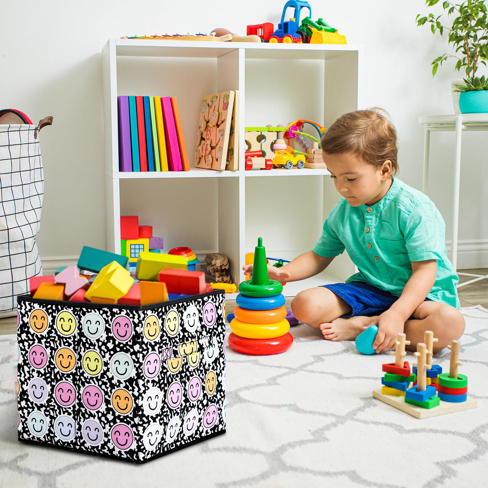 Wonderjune Faltbare Aufbewahrungswürfel, 27,9 cm, stabil, zusammenklappbar, mit Griff, Stoff-Organizer, Schublade, Faltkorb für Spielzimmer, Waschküche, Schrank (süßes Lächeln), 6 Stück