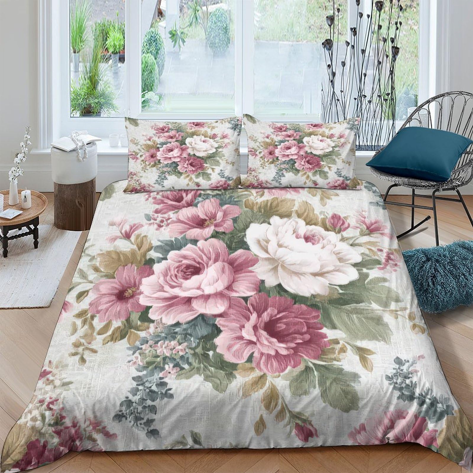 XFKLYNVCJ 3D Printed FloralPattern Comforter Cover Brushed Microfiber VintageRetroStyle Bed Cover Hypoallergenic Stain Resistant Quick Drying Easy Care for Home Family Use Single（135x200cm）