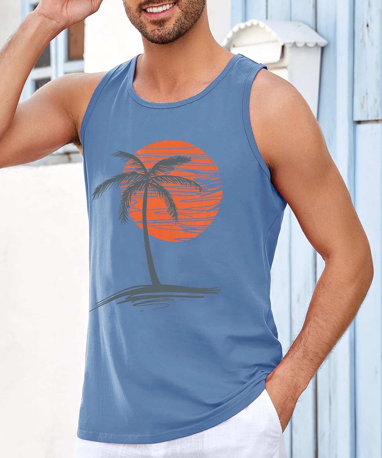 Runcati Mens Workout Tank Tops Gym Sleeveless Shirts Palm Tree Vintage Style T-Shirt - Image 2