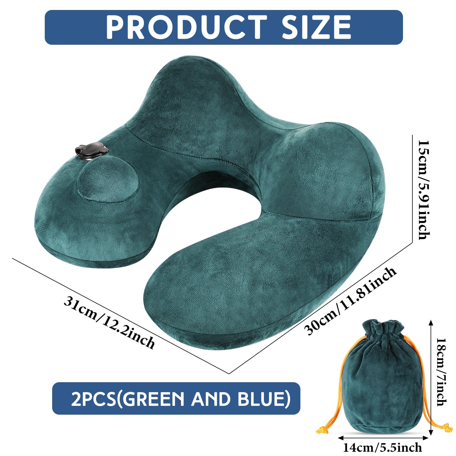 Xtinmee 2 Almohadas inflables de Viaje con Bolsa compacta, Almohada Inflable Suave para el Cuello, Almohada de avión para Vuelo Largo, cojín de Cuello para Apoyo a la Cabeza, Tren, Coche, Oficina en