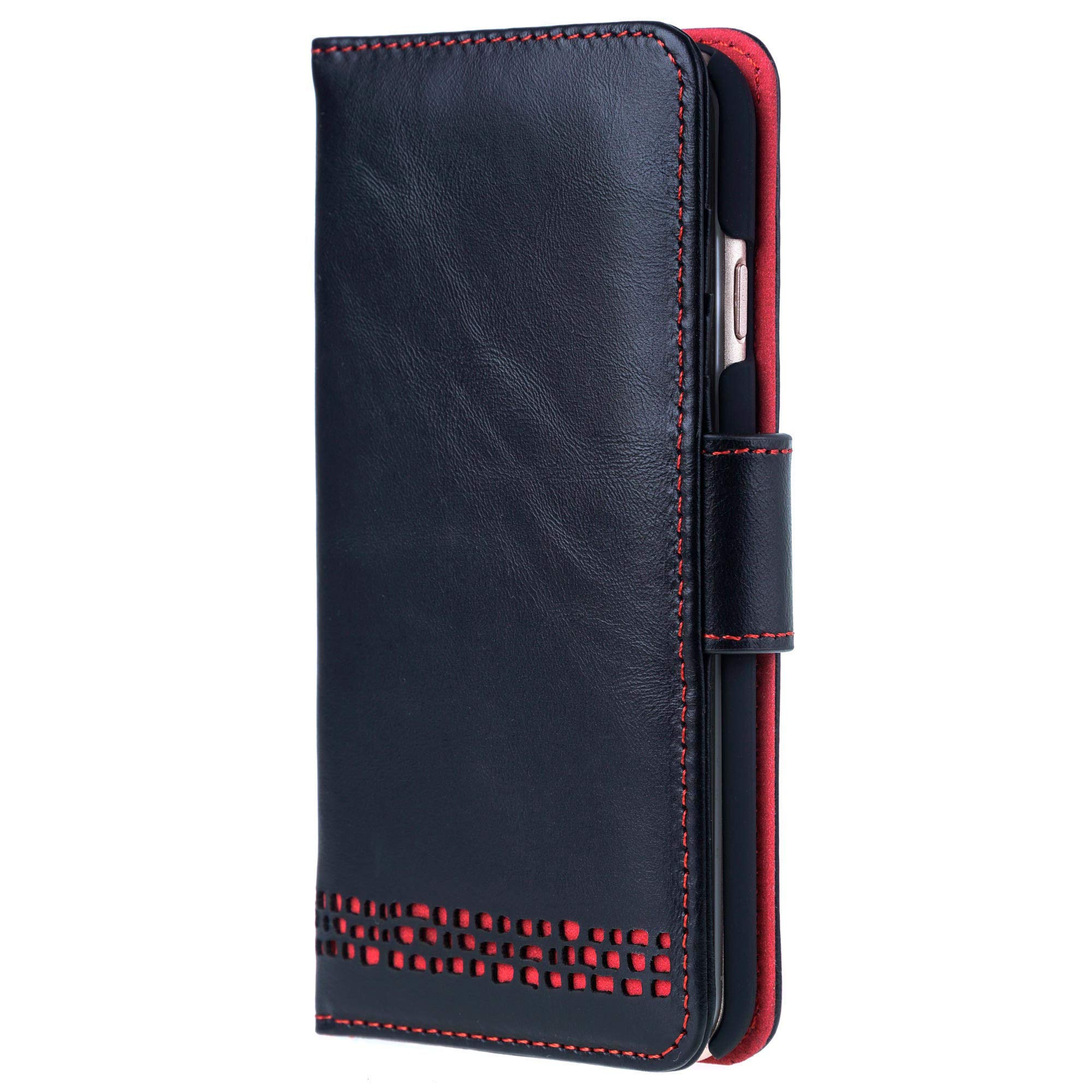 Ed Hicks iPhone SE 2020 Case, Luxury Genuine Cow Leather Wallet Case—Handmade—4 Levels of Protection—Anti-Shock TPU Case—Stand Function—RFID Blocking Black and Red