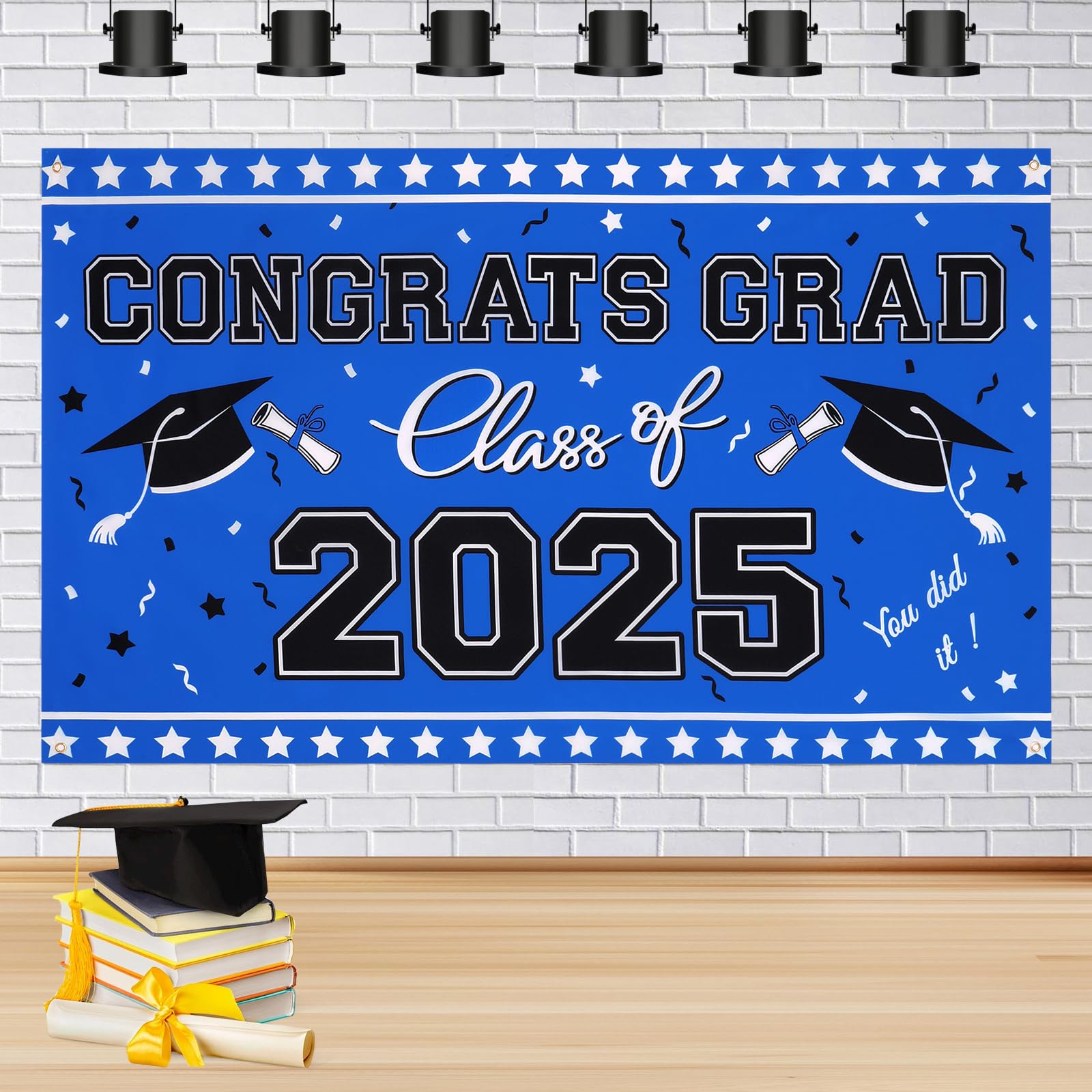 Zienlay Graduation Decorations 2025 Banner - Class of 2025 Graduation Photo Backdrop, 65” x 39.4” Congrats Grad Banners, Black and Blue Graduate Decor