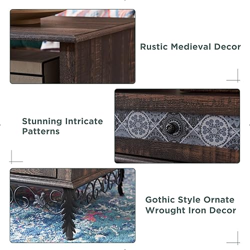 Miniatura 6 de OKD Mesa de centro bohemia de 48 pulgadas con cajones deslizantes, mesa de centro bohemia medieval rústica, detalles ornamentados, hermosa