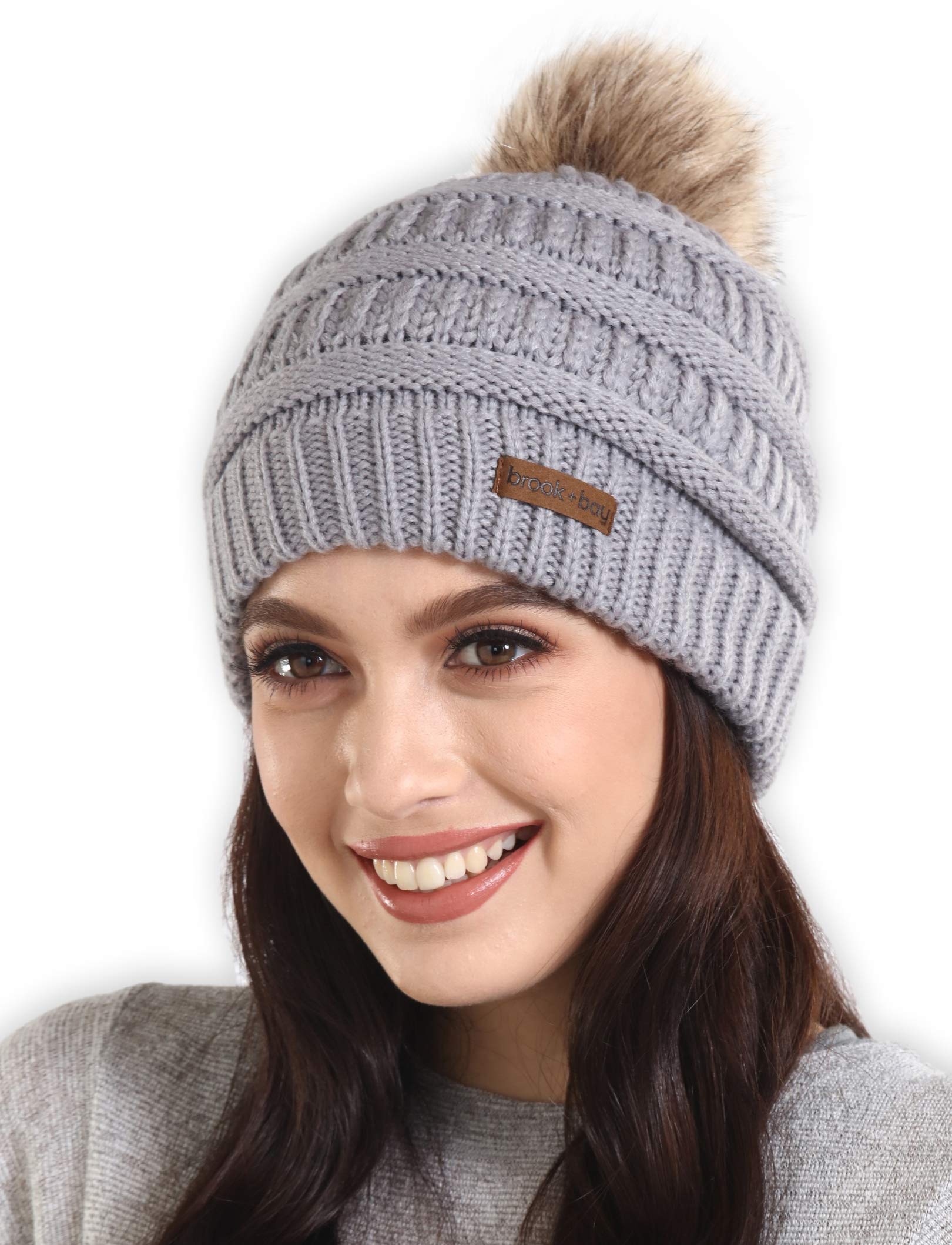 Brook Bay - Beanie Hats for Women Pom Pom Hat Soft Chunky Knit Beanie for Cold Weather Stocking