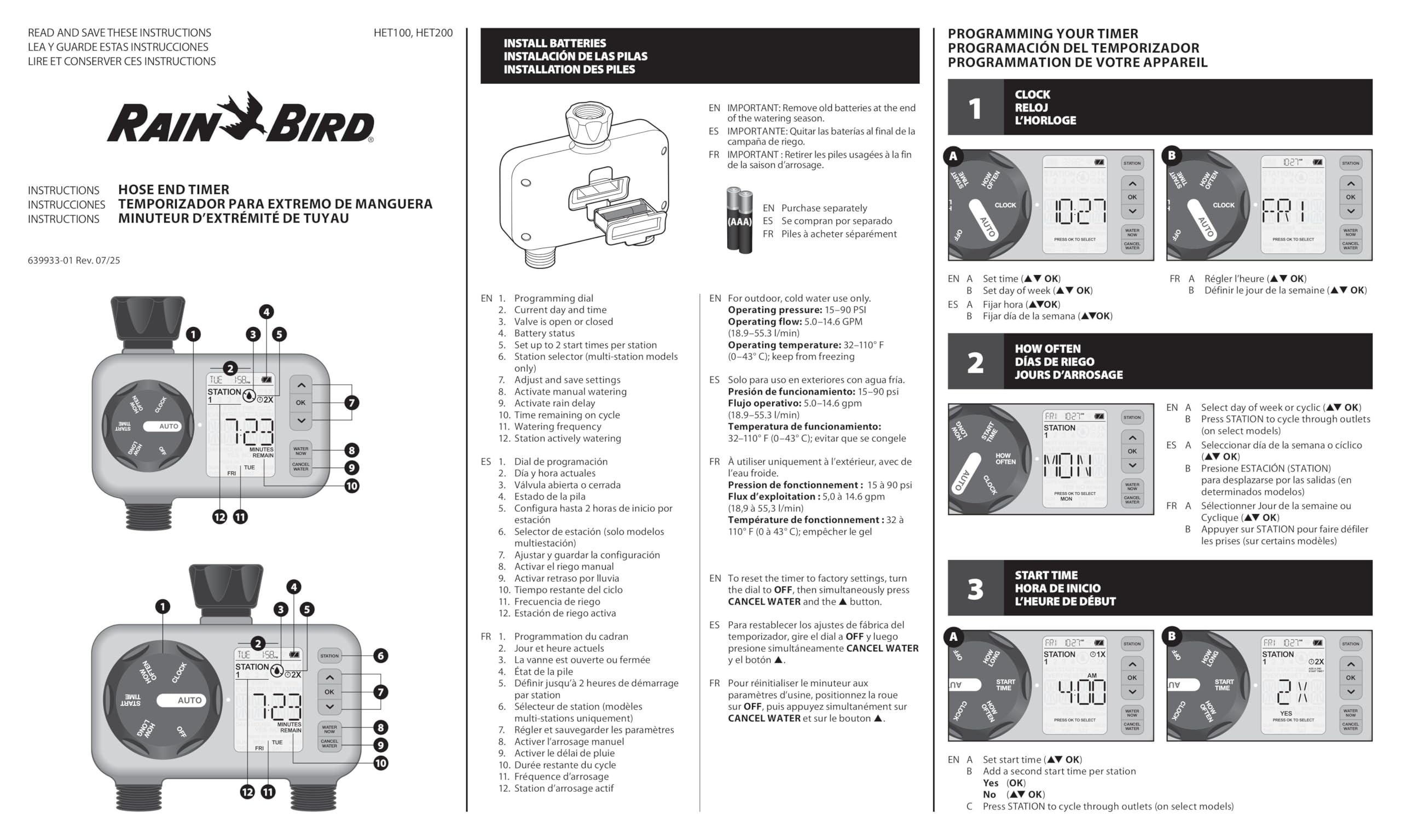 Rain Bird HET100 - Timer elettronico digitale per irrigazione e irrigazione, funzionamento a batteria, filettatura per tubo da giardino da 3/4", ingresso in ottone resistente, 1 uscita/porta