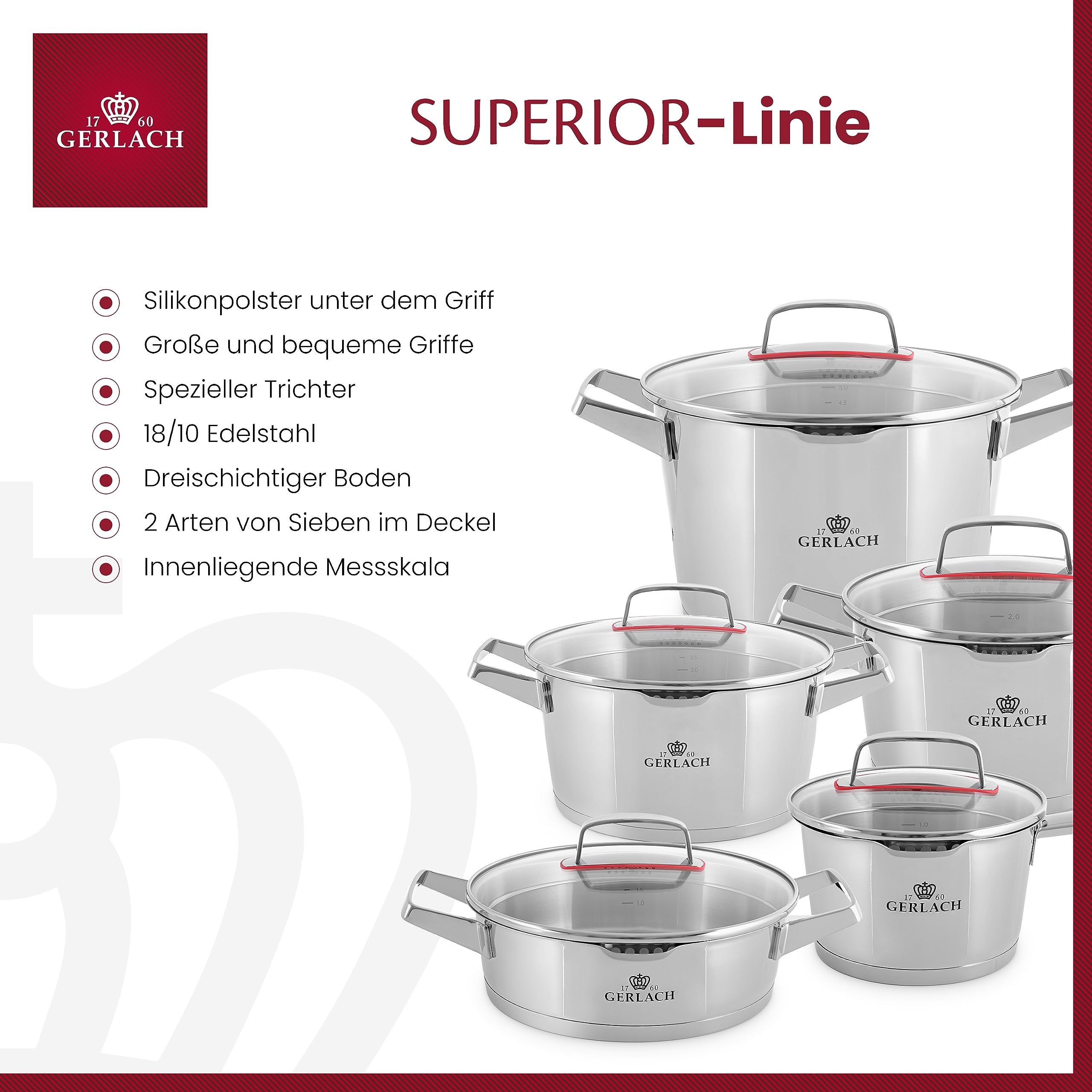 Gerlach Superior Topf-Set Edelstahl Kochtopf-Set Induktion Induktionstöpfe-Set Töpfe-Set Induktionsgeeignet Kochgeschirr 5 Stück, Silber