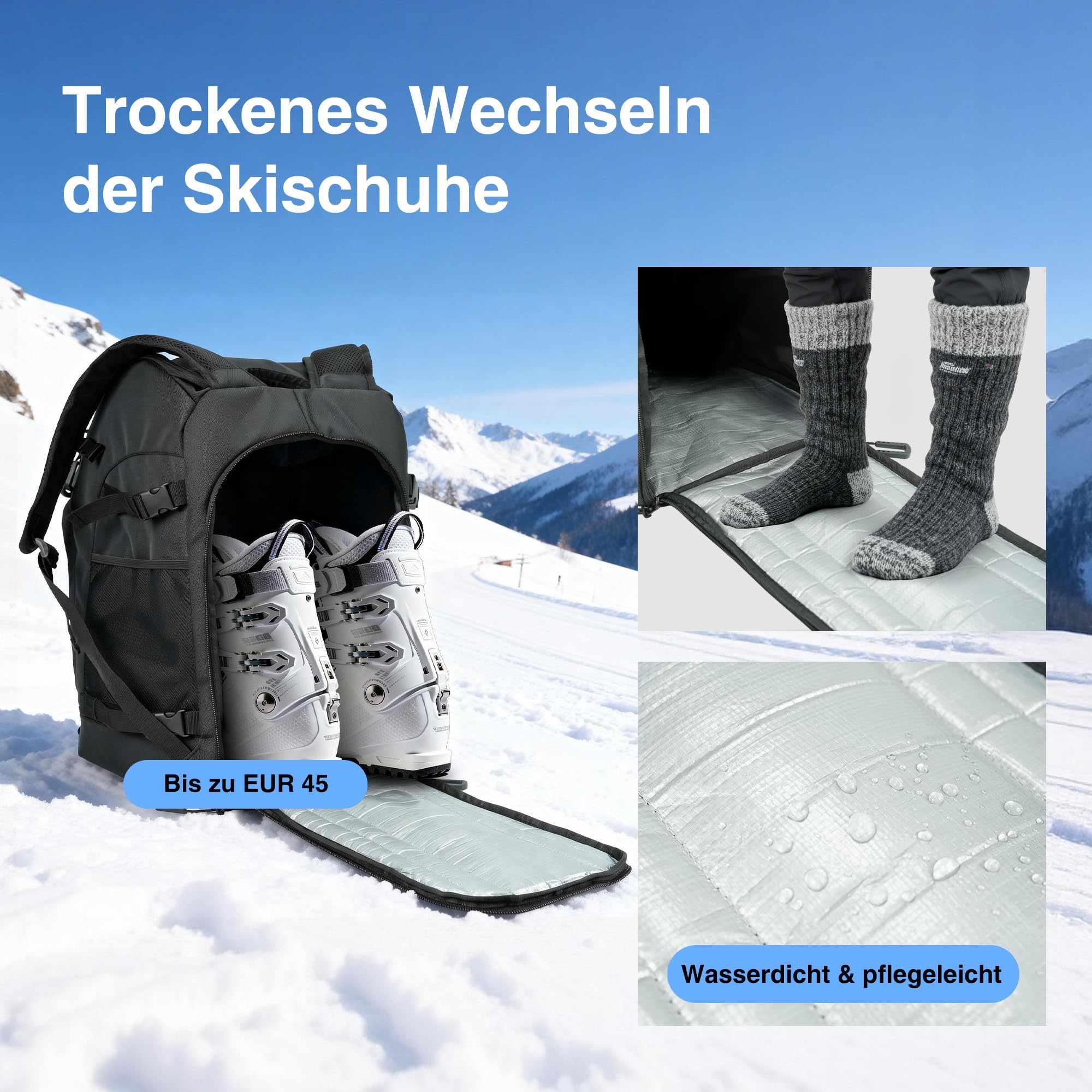 Zedelmaier 50L Skischuhrucksack Skirucksack für Helm Skischuhe & Ski/Snowboard Handschuhe 4-in-1 wasserfeste & Kratzfeste Skischuhtasche Skitasche für Skistiefel bis Größe 45 (30×34×48cm H Schwarz)