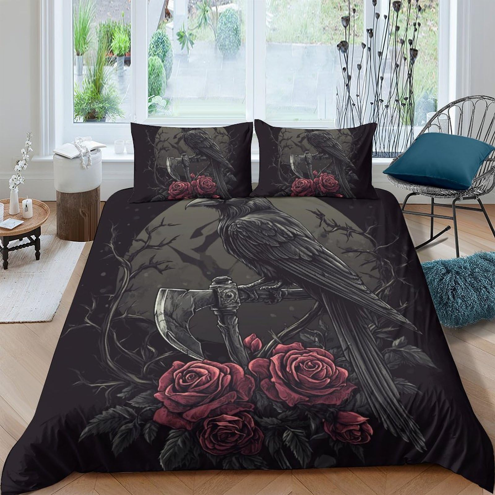 GPLZQXKJNH 3D Printed Grim Reaper Duvet Cover Microfiber Soft Breathable Rose Skull Bedding Set with 2 Pillowcases for Bedroom Decor Single（135x200cm）