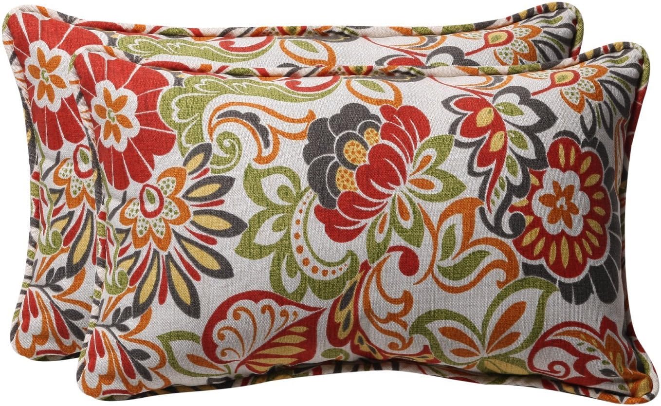 Bright Floral Indoor/Outdoor Throw Pillows, 2 Count, Lumbar - 11.5" x 18.5", Green/Red Zoe
