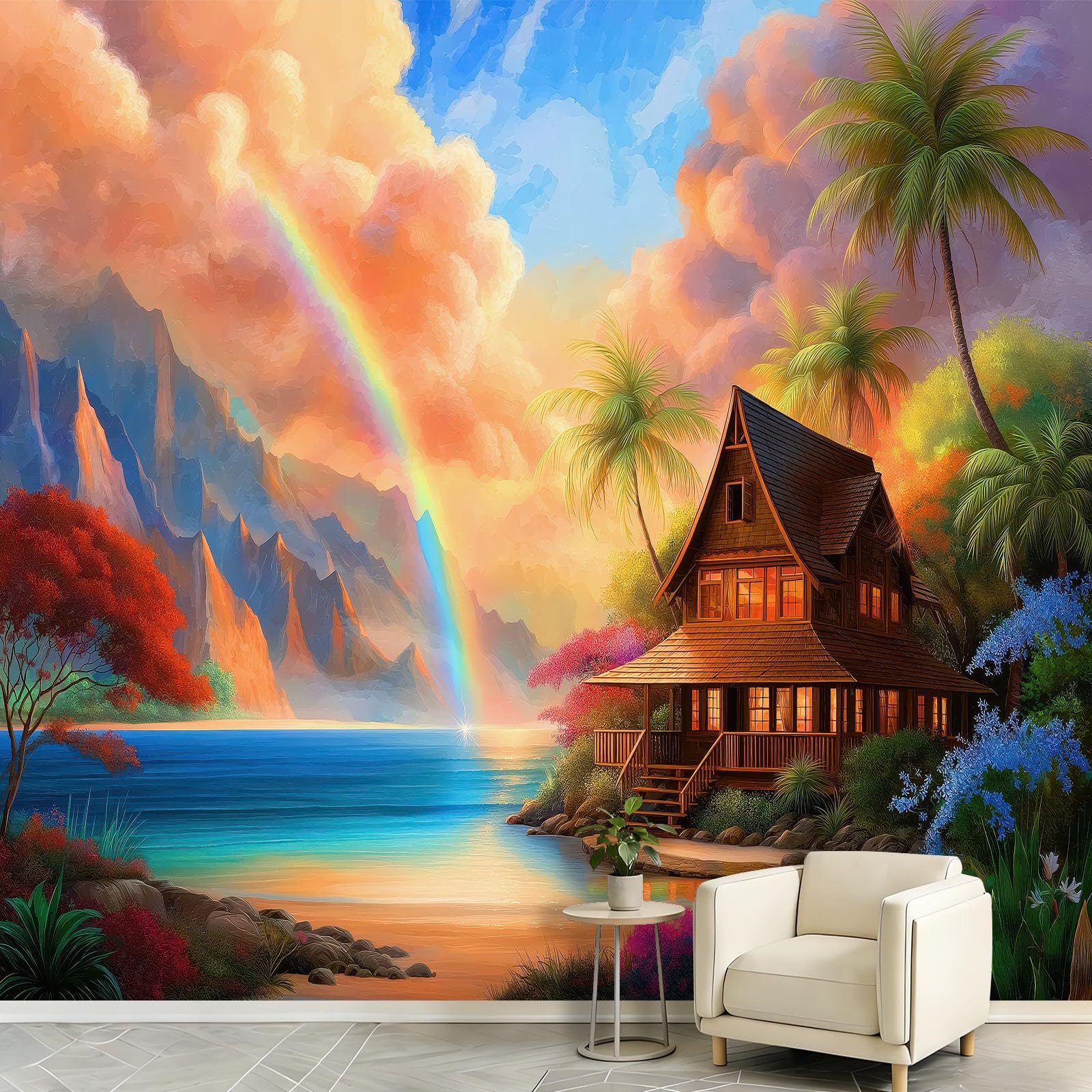 Fantasía Anime Mural de Pared 200 x 140 cm Arco Iris Playa Cabina Nubes Foto Papel Pintado Papel Pintado No Tejido, Decoración para Sala de Estar Dormitorio Dormitorio Oficina Decoración