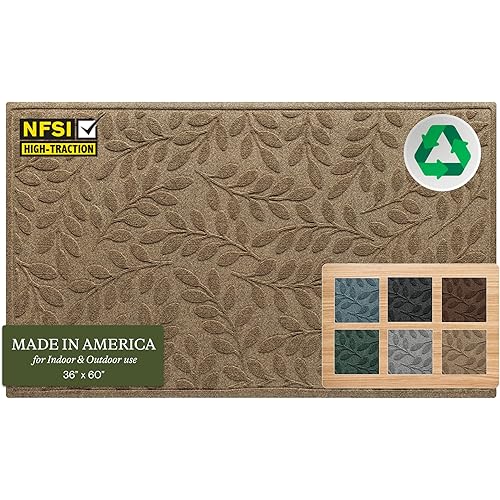 WaterHog Welcome Mat for Indoor/Outdoor, 3’ x 5’, Made in USA, Durable & Water-Resistant, Dirt Trapping Mat, Decorative Front Door and Entryway Rug, Brittney Leaf Design, Camel