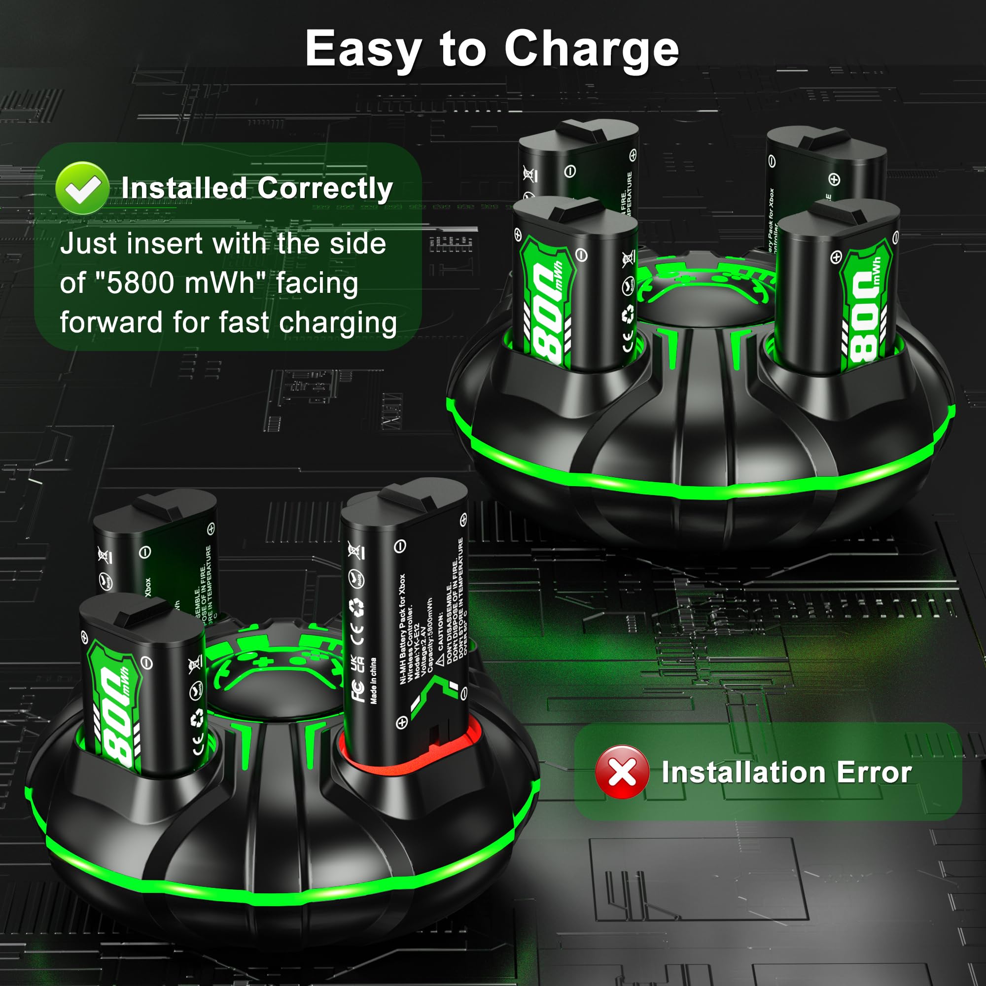 Ukor Ricarica rapida 4 batterie ricaricabili da 2000 mAh con caricabatterie per controller Xbox Batterie ricaricabili Accessori Xbox per Xbox One/Xbox Series X|S Xbox One S/Xbox One X/Xbox One Elite